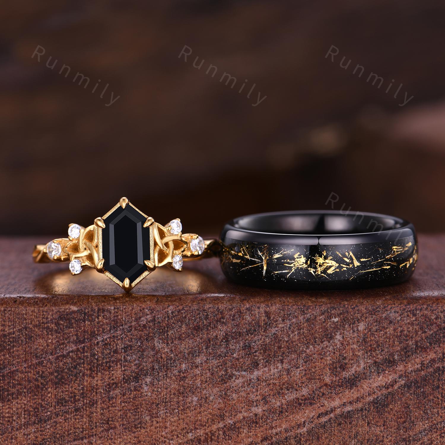 Vintage Black Onyx Couple Ring Yellow Gold His And Hers Wedding Band Celtic Knot Ring Mens 6mm Black Tungsten Ring Couple Promise Ring Set