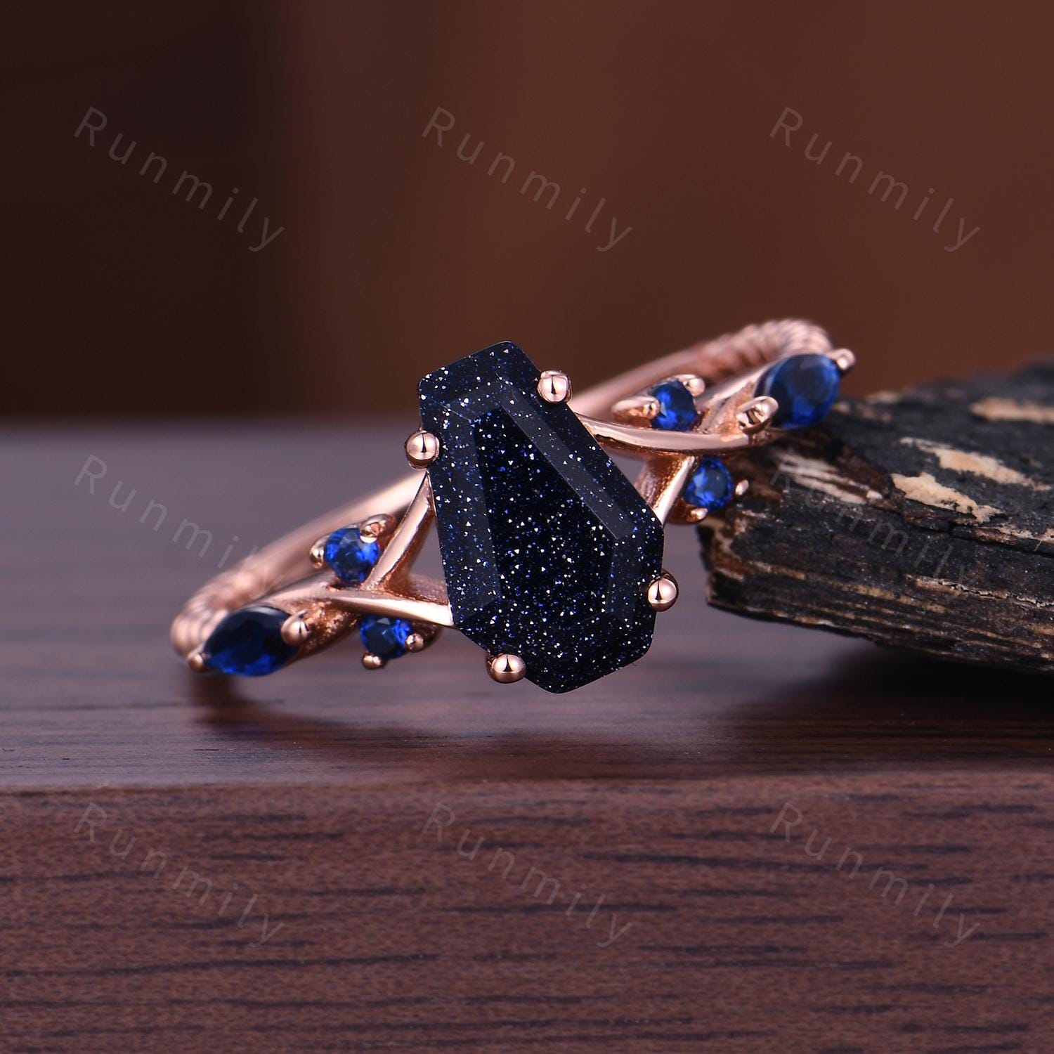 Coffin cut blue nebula ring Galaxy sandstone engagement ring unique Blue sapphire twisted band ring Vintage rose gold bridal promise ring
