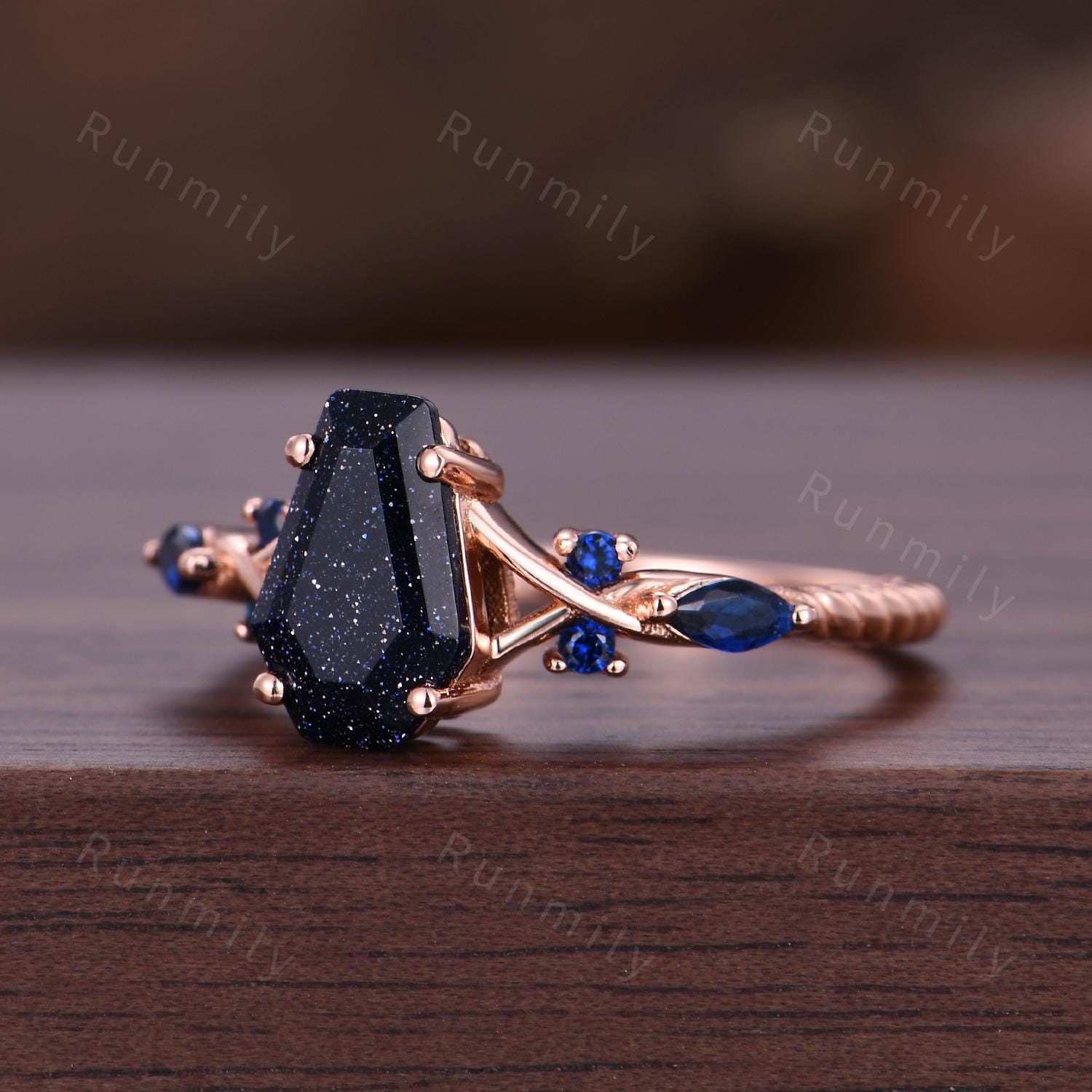 Coffin cut blue nebula ring Galaxy sandstone engagement ring unique Blue sapphire twisted band ring Vintage rose gold bridal promise ring