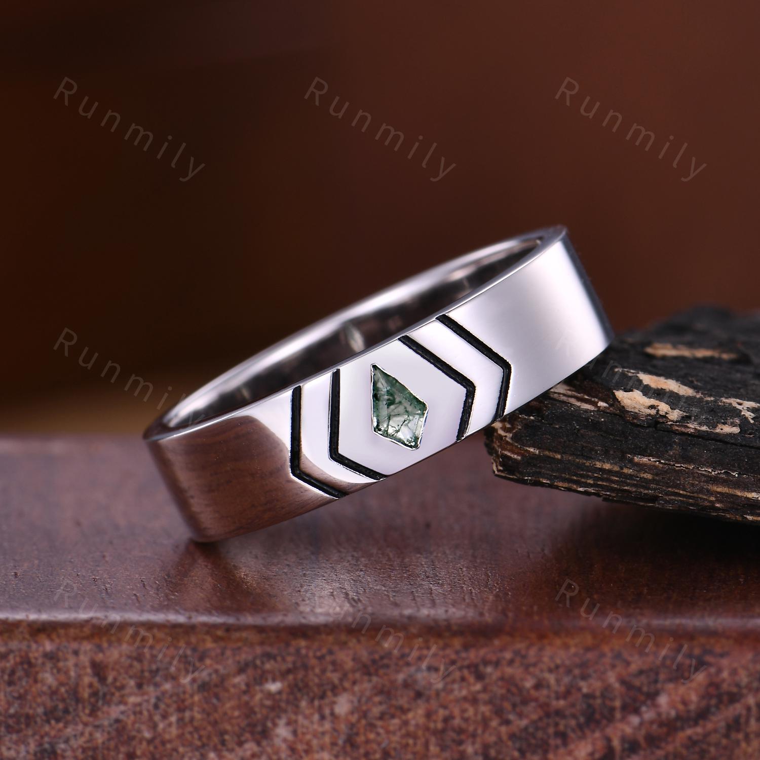 Kite cut Moss Agate Wedding Band Vintage Silver Mens Wedding Band 5mm Green Agate Men's Ring Unique Mens Engagement Ring Band For Husband