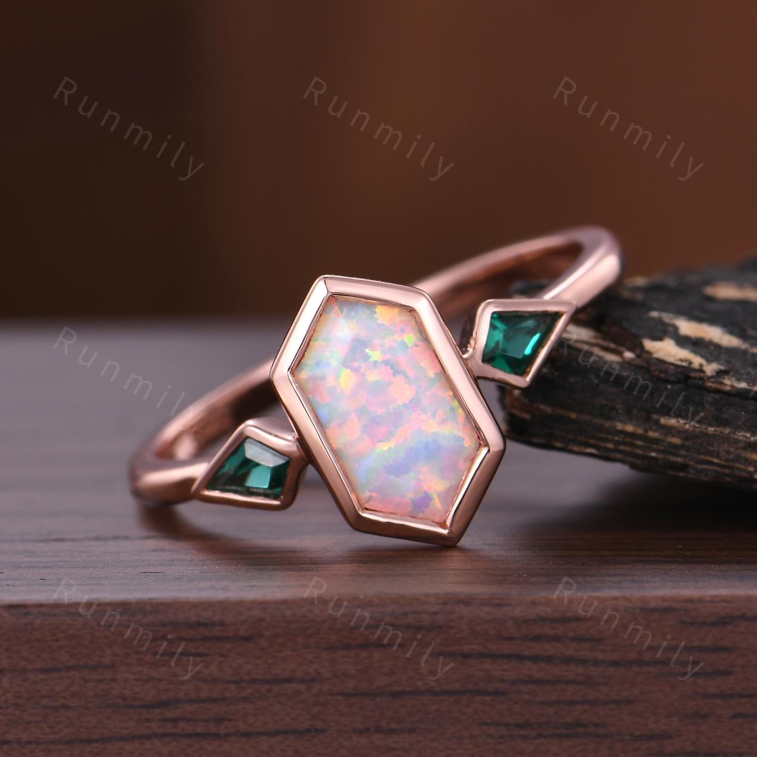 Opal Emerald Engagement Ring Rose Gold Three Stone Ring For Women Hexagon Cut White Opal Ring Unique Kite Emerald Bridal Ring Birthstone Gem