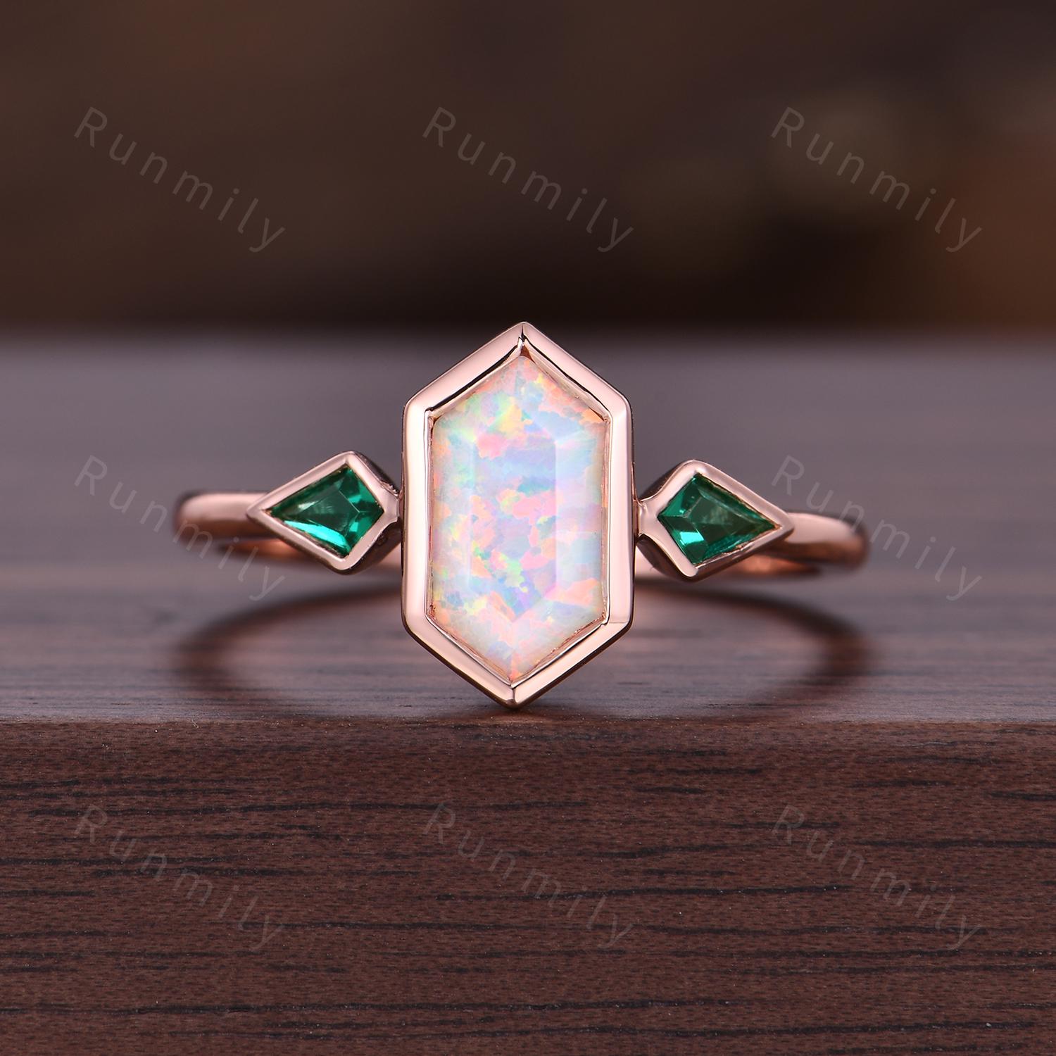 Opal Emerald Engagement Ring Rose Gold Three Stone Ring For Women Hexagon Cut White Opal Ring Unique Kite Emerald Bridal Ring Birthstone Gem