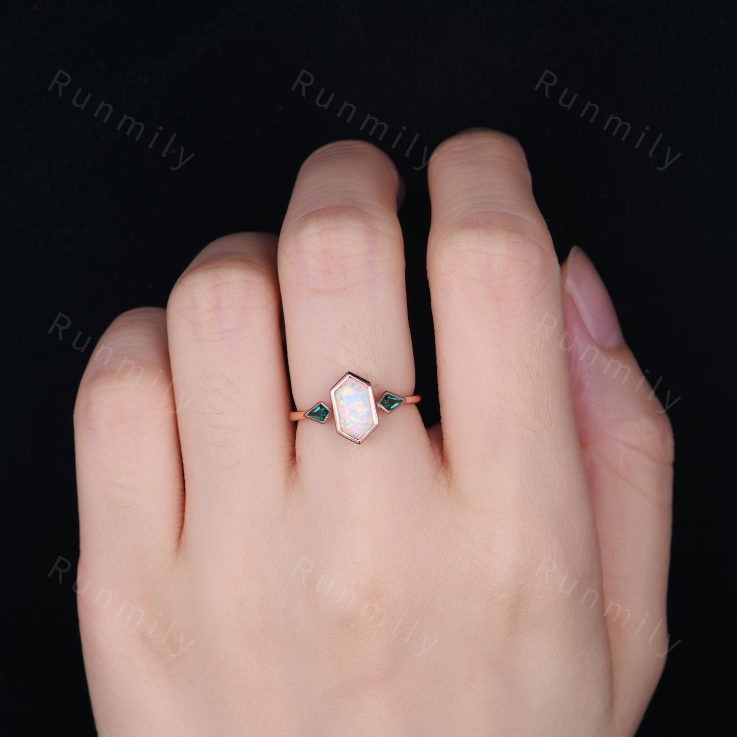 Opal Emerald Engagement Ring Rose Gold Three Stone Ring For Women Hexagon Cut White Opal Ring Unique Kite Emerald Bridal Ring Birthstone Gem