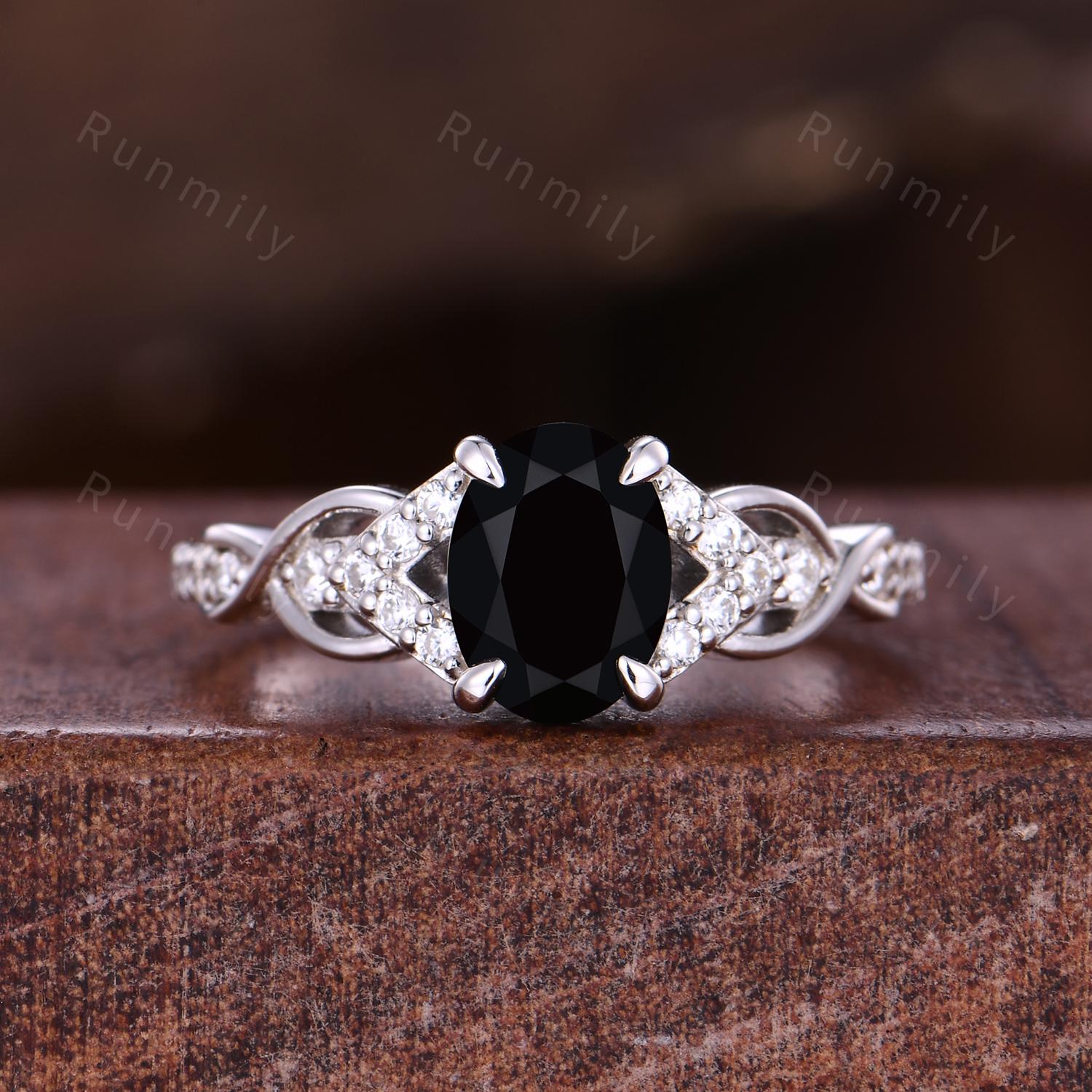 Vintage Black Onyx Engagement Ring Sterling Silver Oval Cut Ring Unique Twig Ring Art Deco Curve Stacking Band Bridal Moissanite Wedding Set