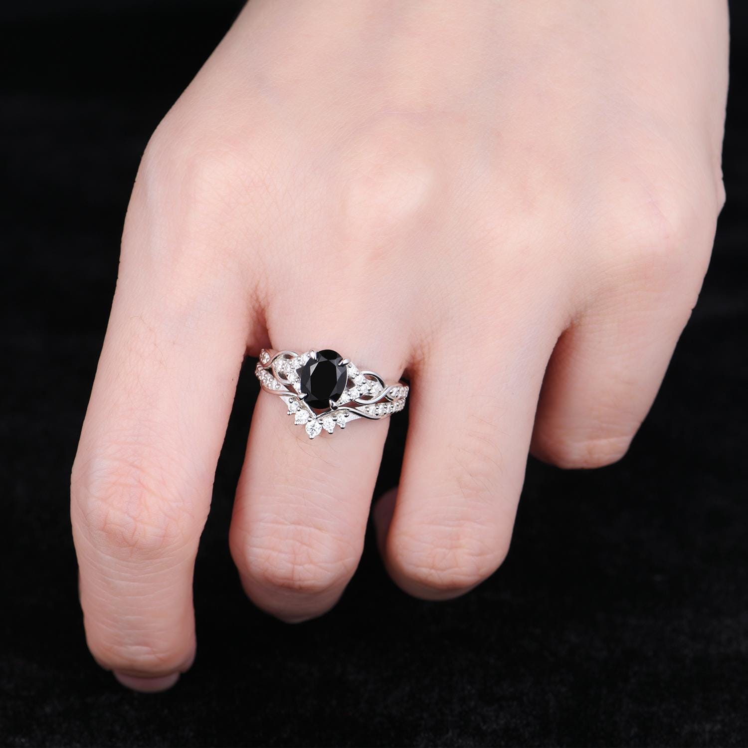 Vintage Black Onyx Engagement Ring Sterling Silver Oval Cut Ring Unique Twig Ring Art Deco Curve Stacking Band Bridal Moissanite Wedding Set
