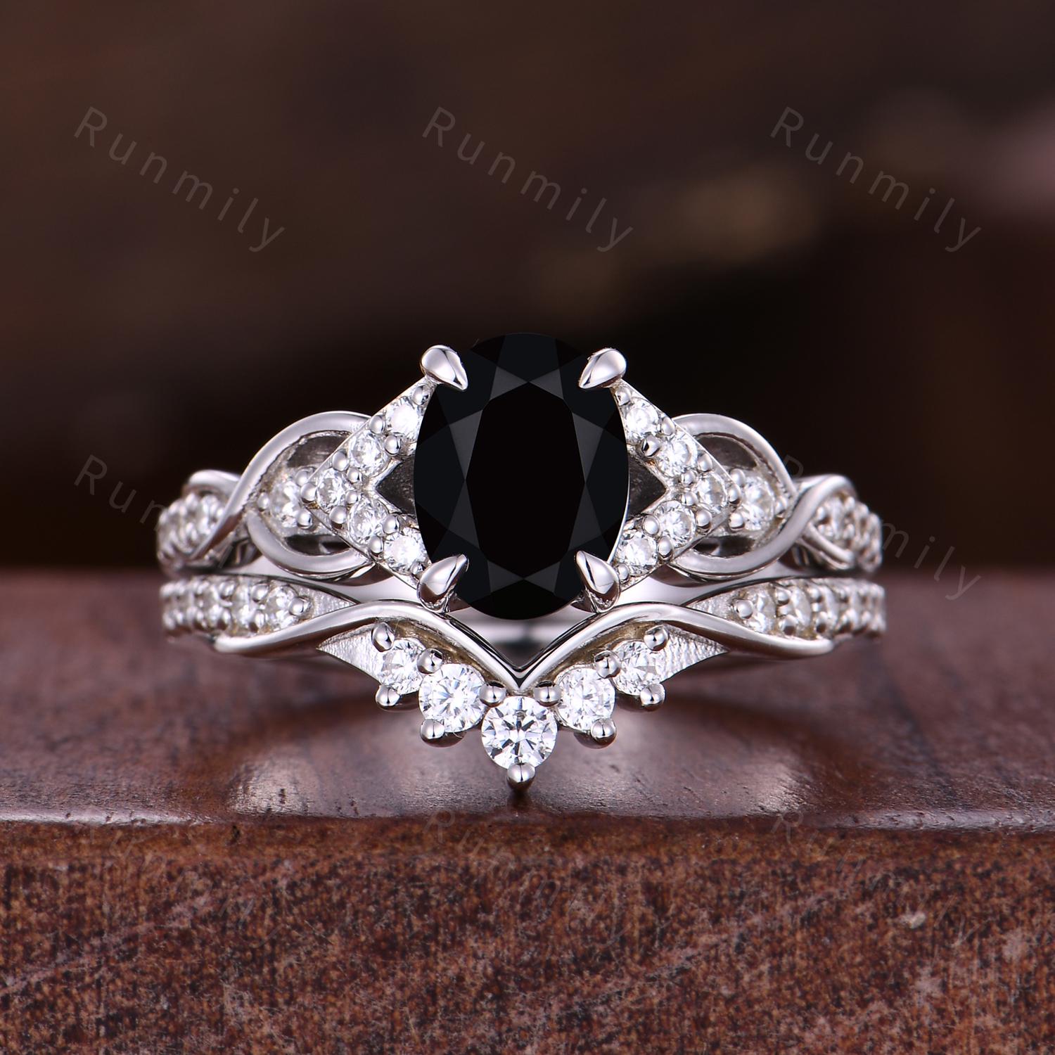 Vintage Black Onyx Engagement Ring Sterling Silver Oval Cut Ring Unique Twig Ring Art Deco Curve Stacking Band Bridal Moissanite Wedding Set