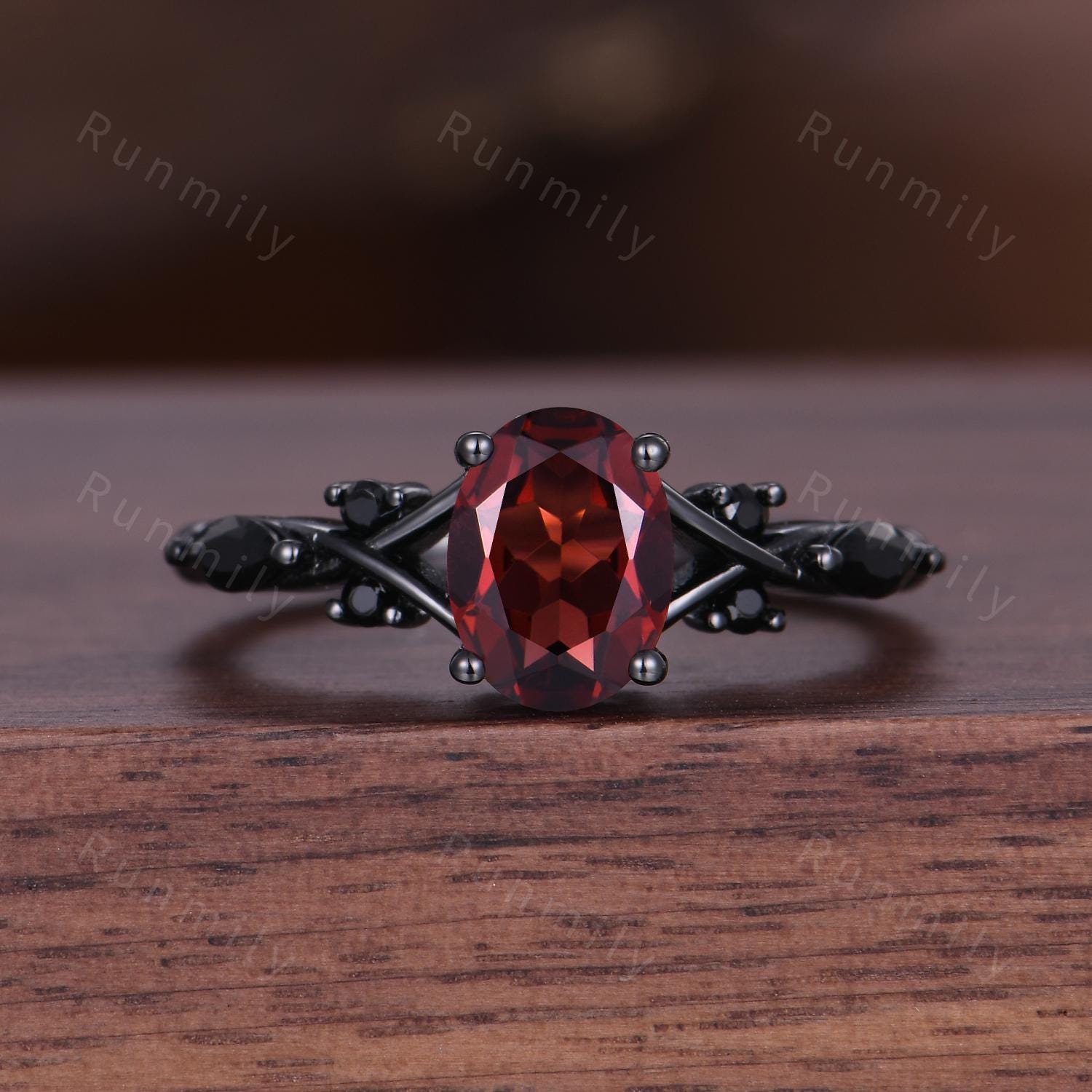 Oval Red Garnet Couples Ring Set Black Gold & Tungsten His And Hers Wedding Band Mens Garnet Ring Unique Matching Promise Rings