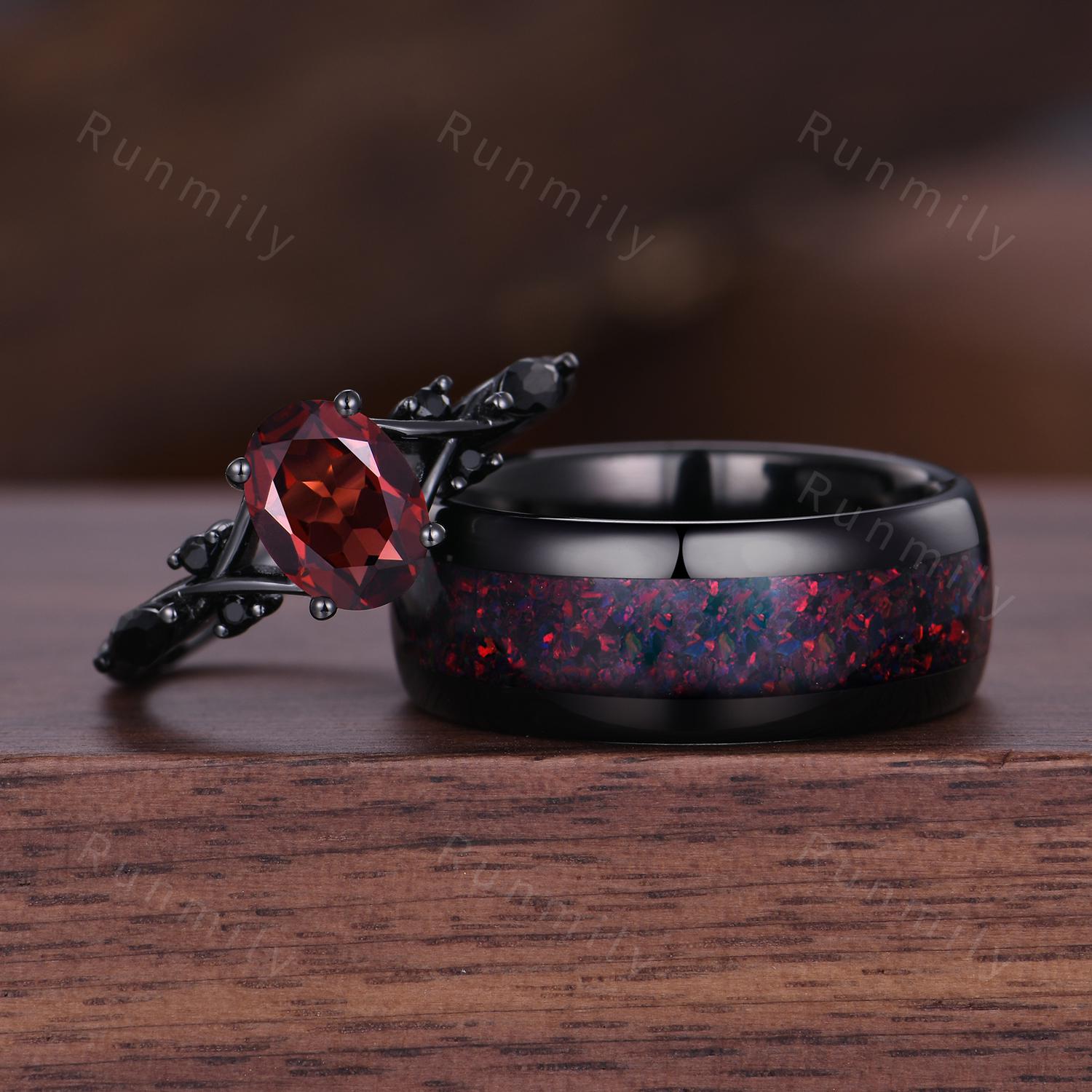 Oval Red Garnet Couples Ring Set Black Gold & Tungsten His And Hers Wedding Band Mens Garnet Ring Unique Matching Promise Rings