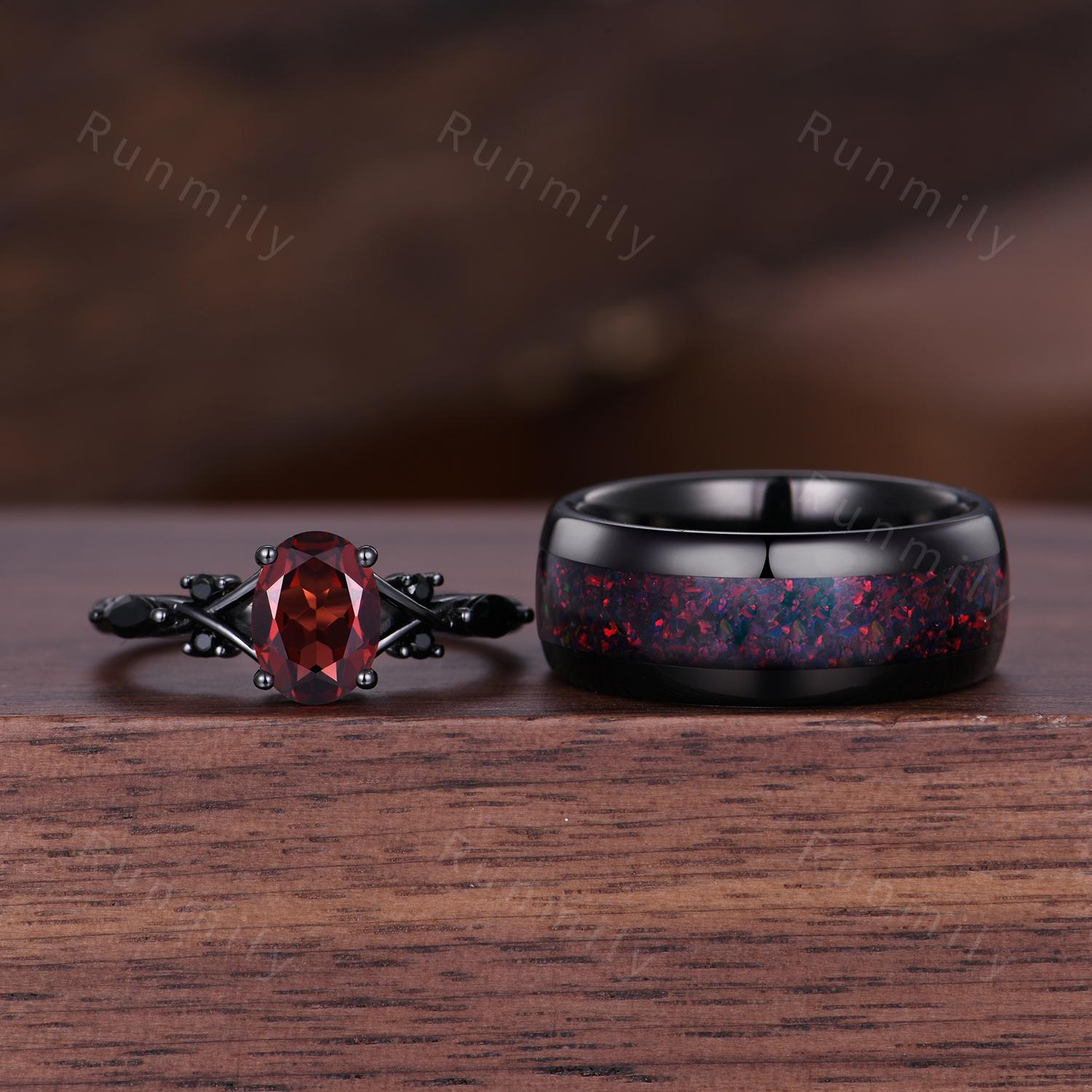 Oval Red Garnet Couples Ring Set Black Gold & Tungsten His And Hers Wedding Band Mens Garnet Ring Unique Matching Promise Rings