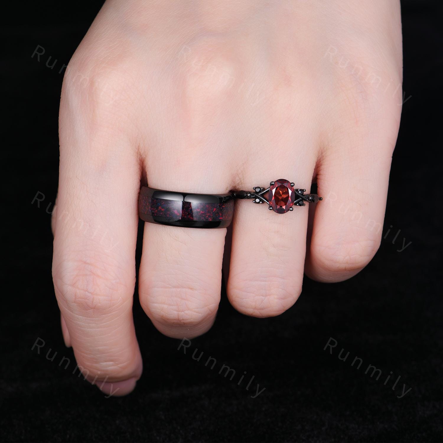 Oval Red Garnet Couples Ring Set Black Gold & Tungsten His And Hers Wedding Band Mens Garnet Ring Unique Matching Promise Rings