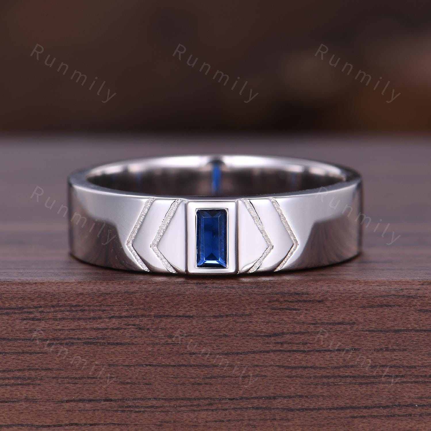 Baguette cut Blue Sapphire Wedding Band 5mm Men's Silver Ring Unique Mens Engagement Ring Band Retro Vintage Rings For Husband/Father
