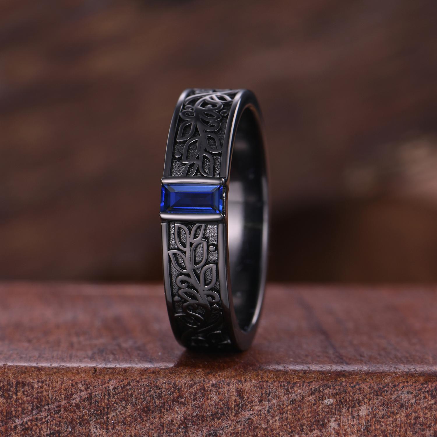 Mens Baguette Cut Blue Sapphire Wedding Band Art Deco Leaf Design Band Black Gold Unique Nature Inspired Stacking Band Retro Vintage Ring