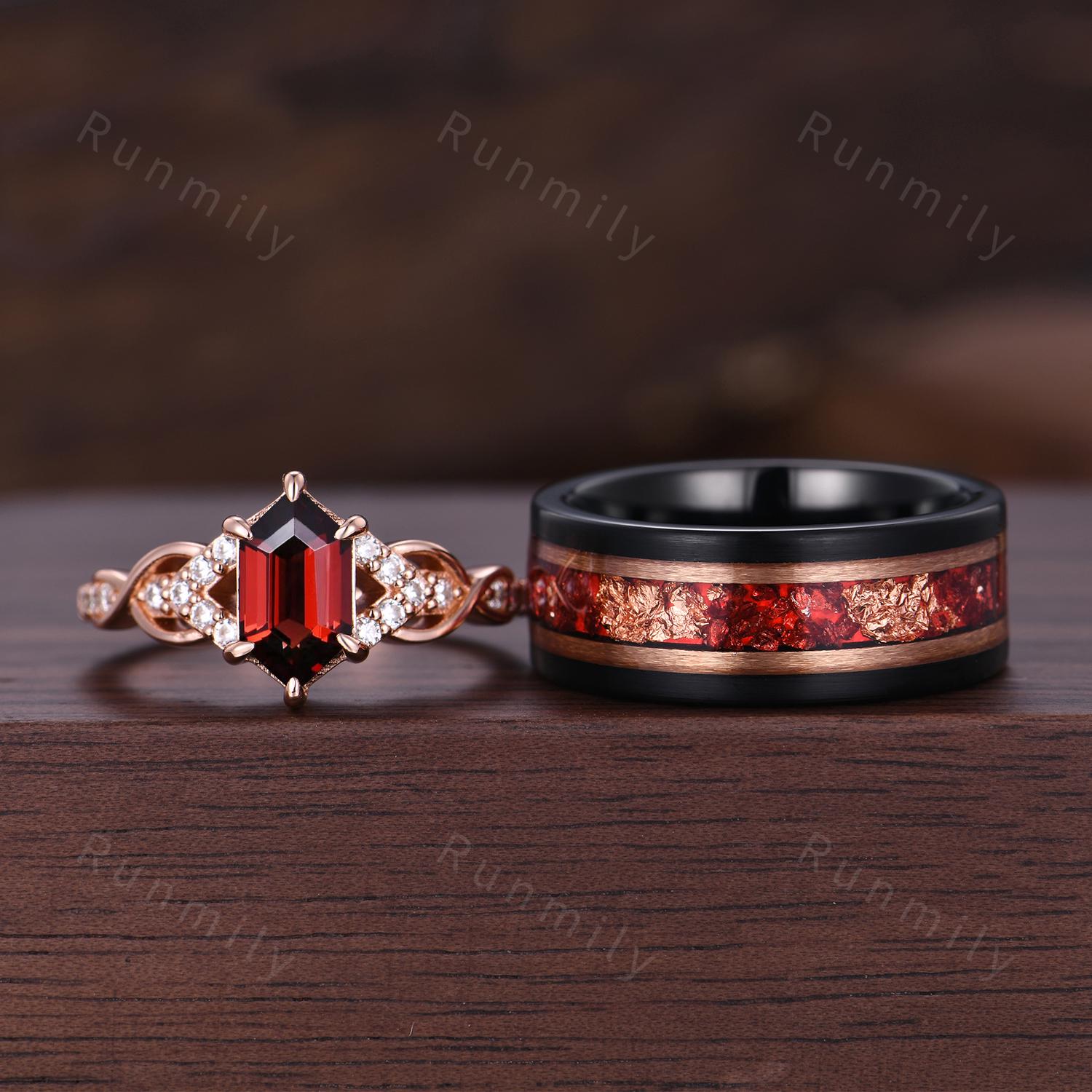Vintage Garnet Couples Ring, Retro Hexagon Ring, Rose Gold Matching Ring Set, Red Garnet His And Hers Wedding Ring, Couple Promise Ring