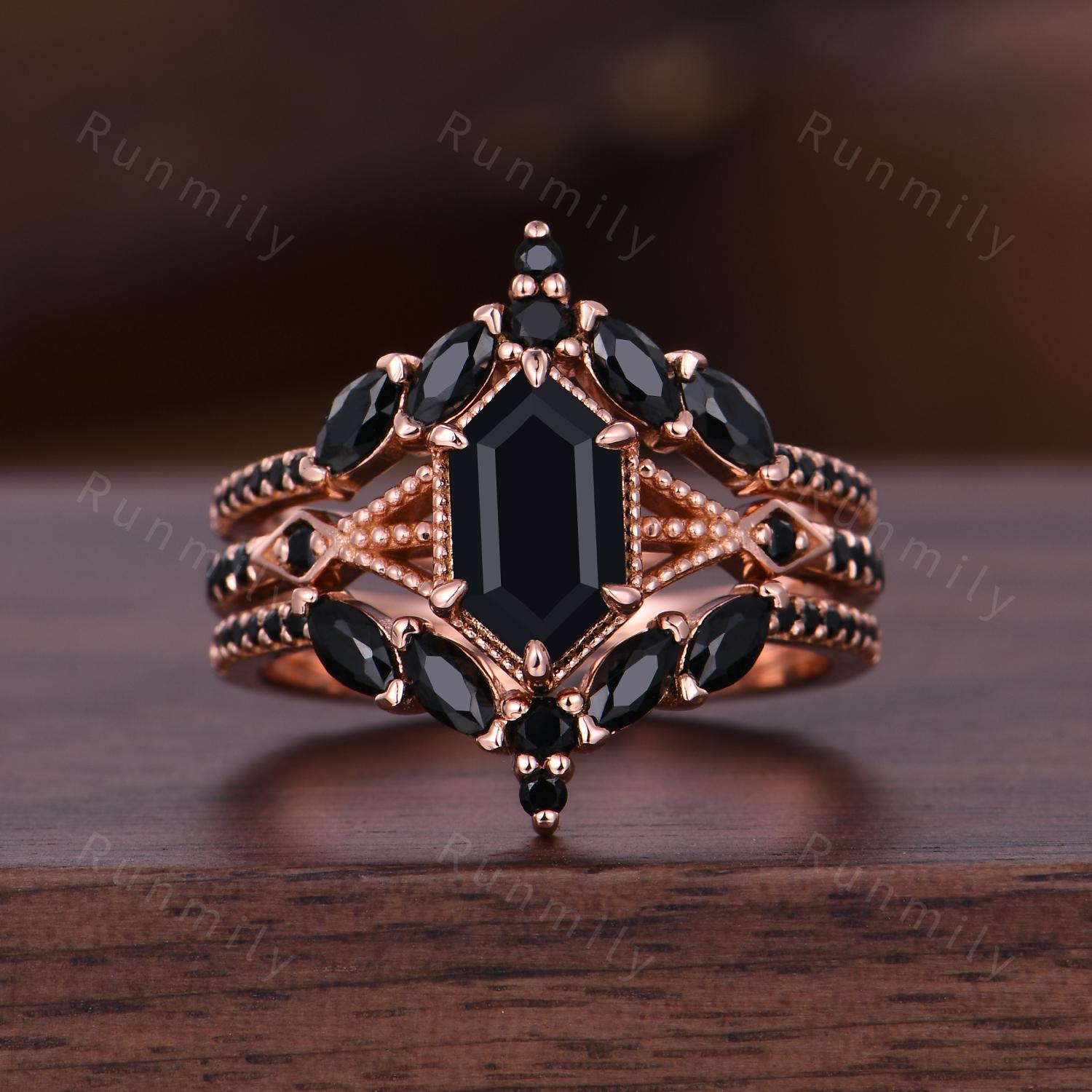 Black Onyx Couples Ring Set Vintage Double Curved Black Gem Band Black and Rose Gold His and Her Wedding Band Promise Ring For Men and Women