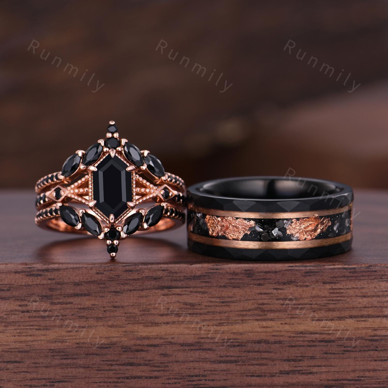 Black Onyx Couples Ring Set Vintage Double Curved Black Gem Band Black and Rose Gold His and Her Wedding Band Promise Ring For Men and Women