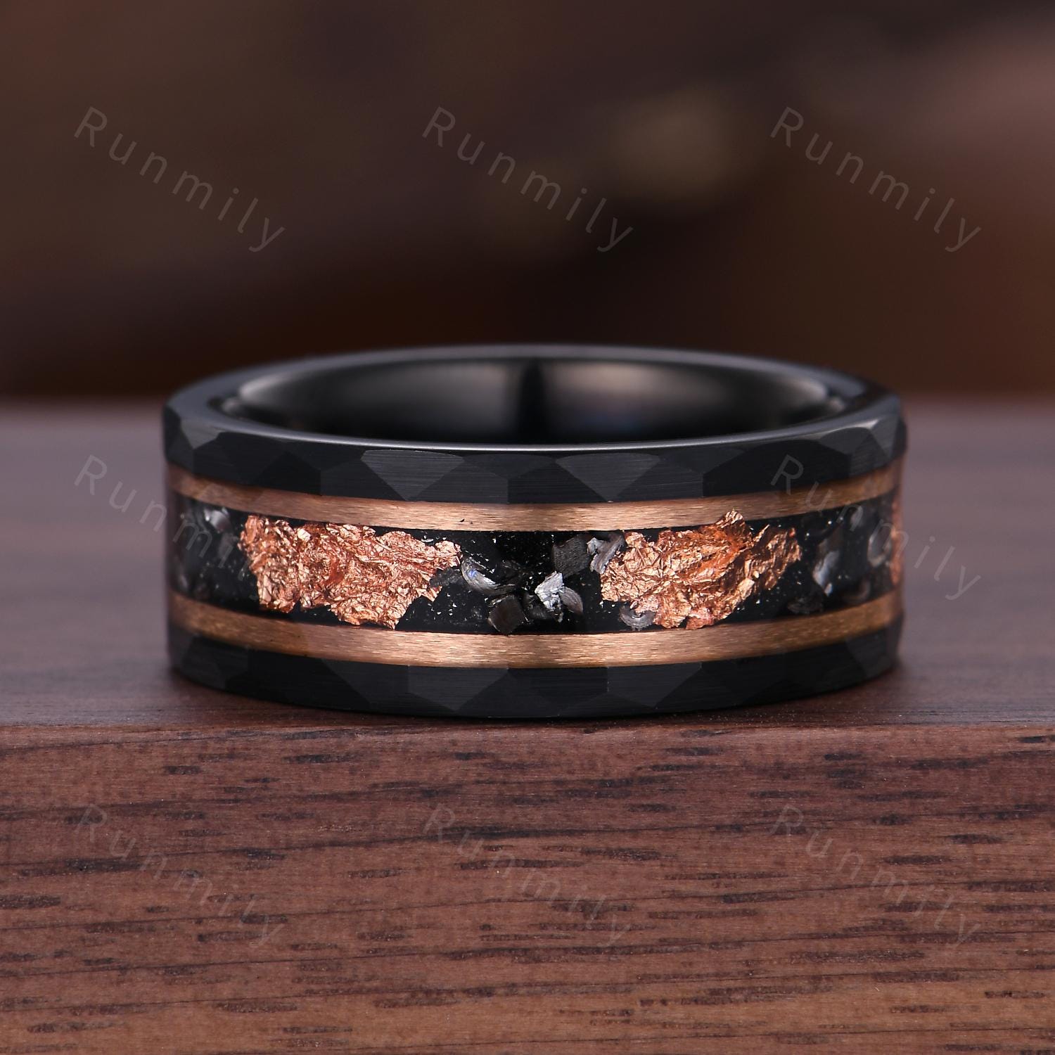 Black Onyx Couples Ring Set Vintage Double Curved Black Gem Band Black and Rose Gold His and Her Wedding Band Promise Ring For Men and Women