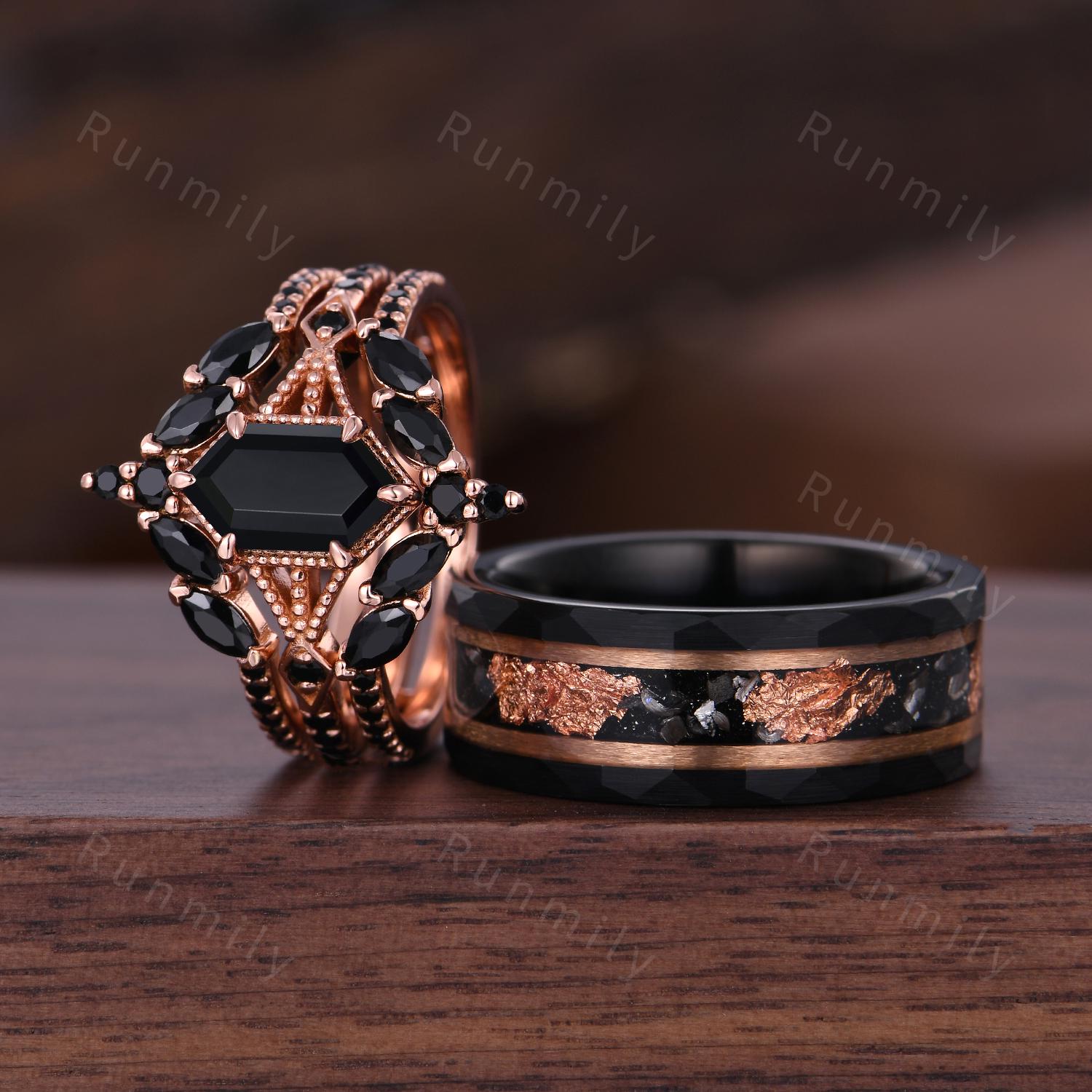 Black Onyx Couples Ring Set Vintage Double Curved Black Gem Band Black and Rose Gold His and Her Wedding Band Promise Ring For Men and Women