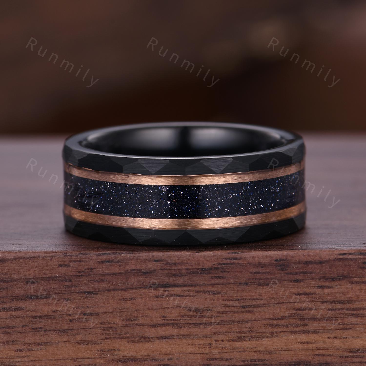 Blue Sandstone Couples Ring Set Vintage Double Curved Diamond Band Galaxy Nebula His and Her Wedding Band Promise Ring For Men and Women