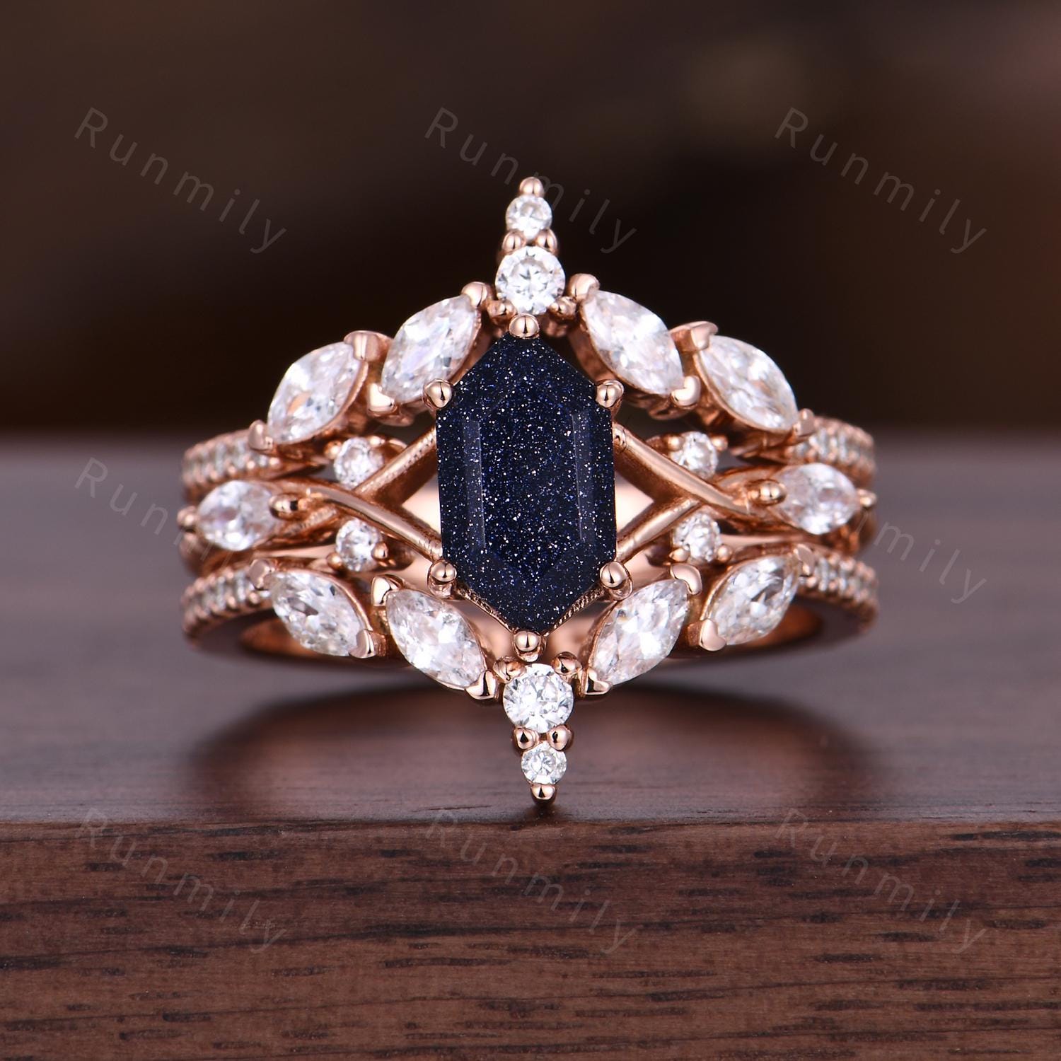 Blue Sandstone Couples Ring Set Vintage Double Curved Diamond Band Galaxy Nebula His and Her Wedding Band Promise Ring For Men and Women