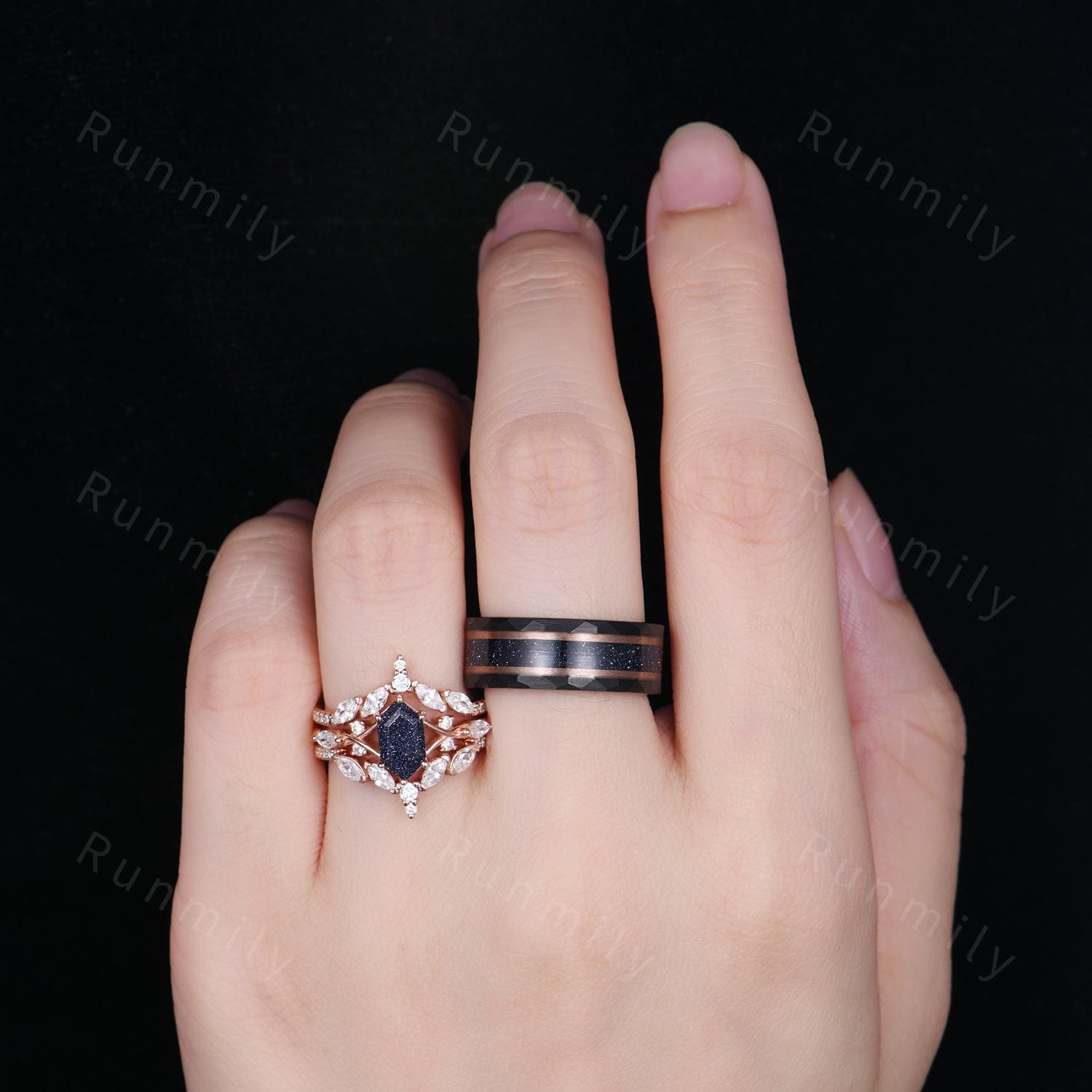 Blue Sandstone Couples Ring Set Vintage Double Curved Diamond Band Galaxy Nebula His and Her Wedding Band Promise Ring For Men and Women