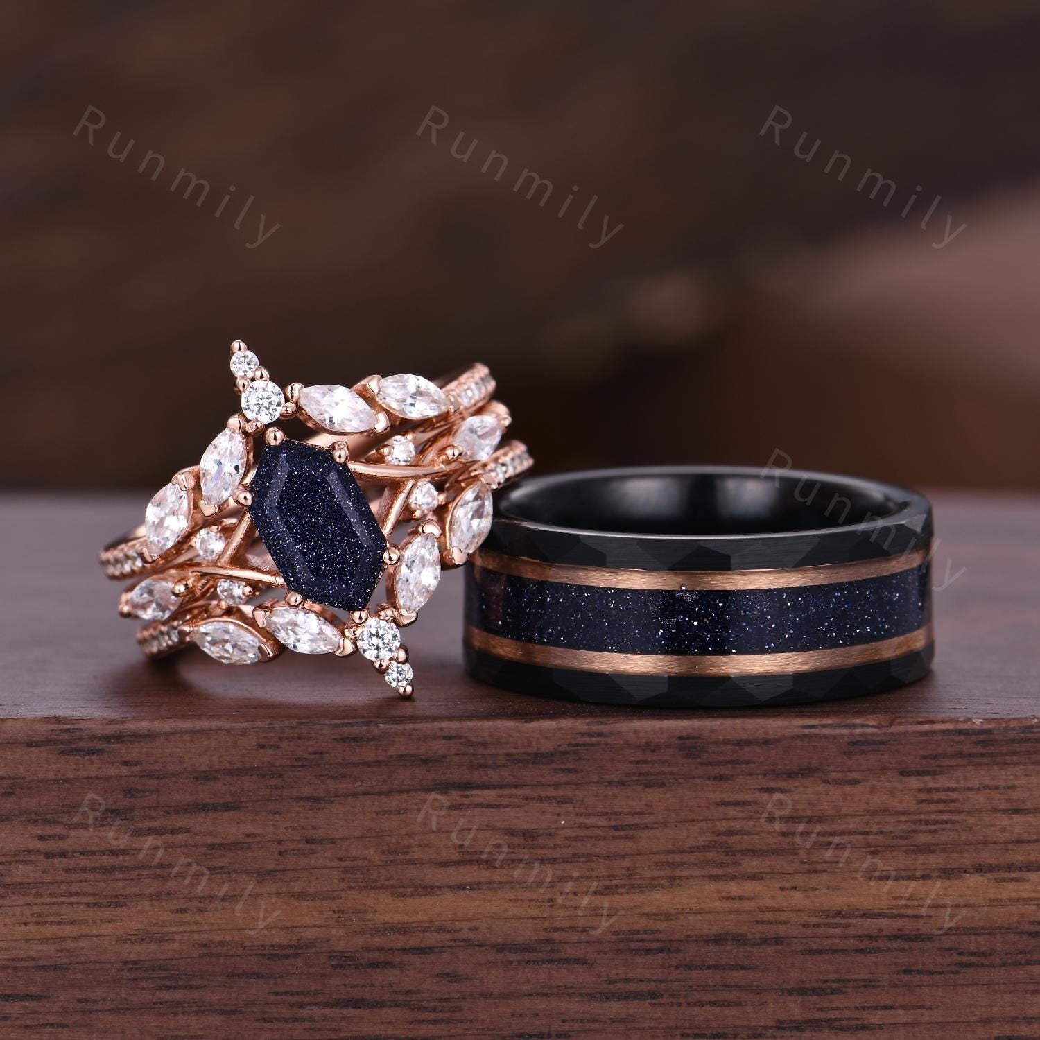 Blue Sandstone Couples Ring Set Vintage Double Curved Diamond Band Galaxy Nebula His and Her Wedding Band Promise Ring For Men and Women