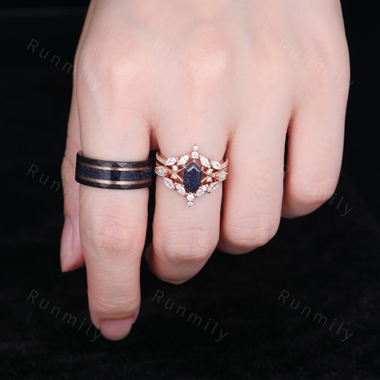 Blue Sandstone Couples Ring Set Vintage Double Curved Diamond Band Galaxy Nebula His and Her Wedding Band Promise Ring For Men and Women