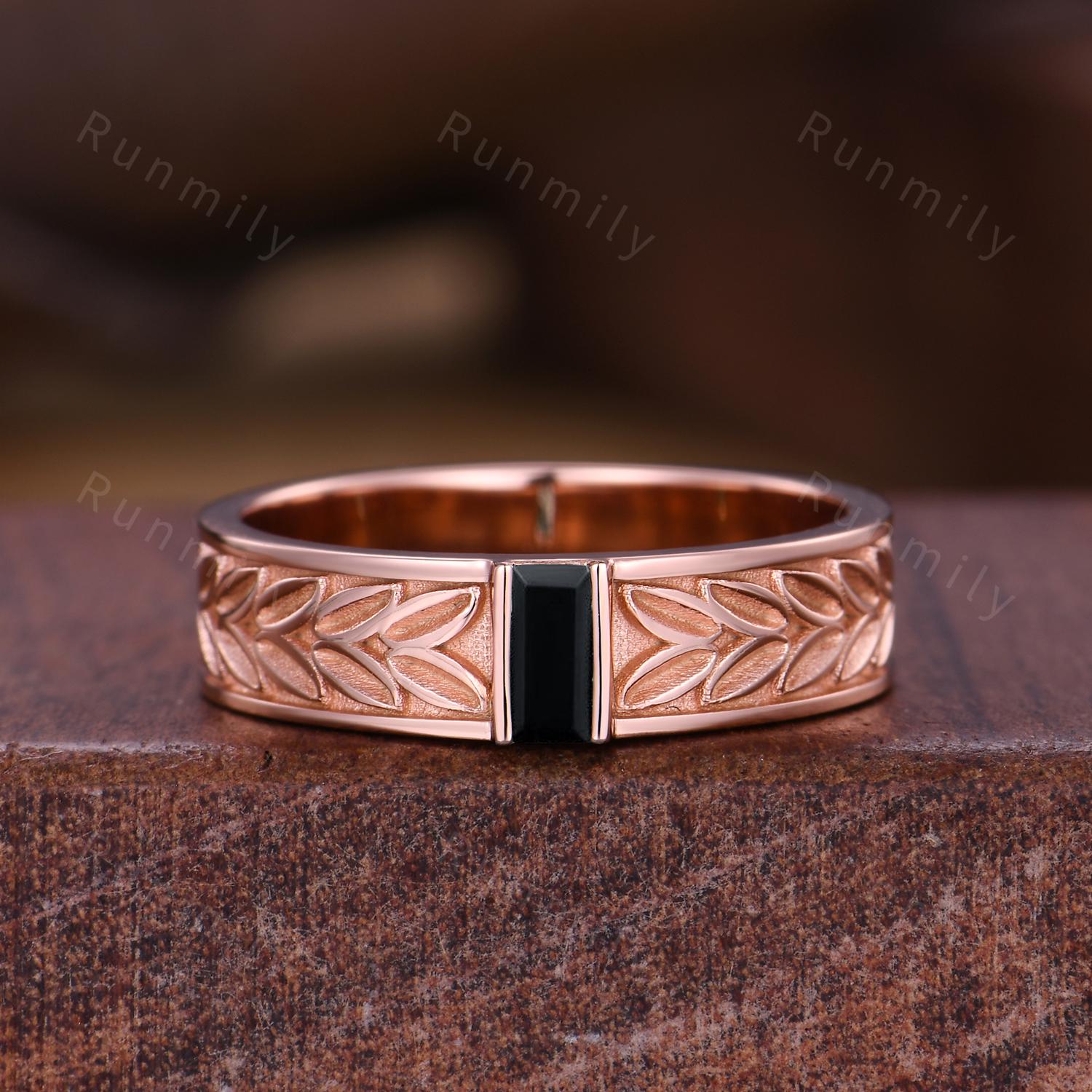 Retro Vintage Black Onyx Mens Wedding Band Baguette Cut Mens Wedding Band Rose Gold His Engagement Ring Band Leaf Style Ring Black Gemstone