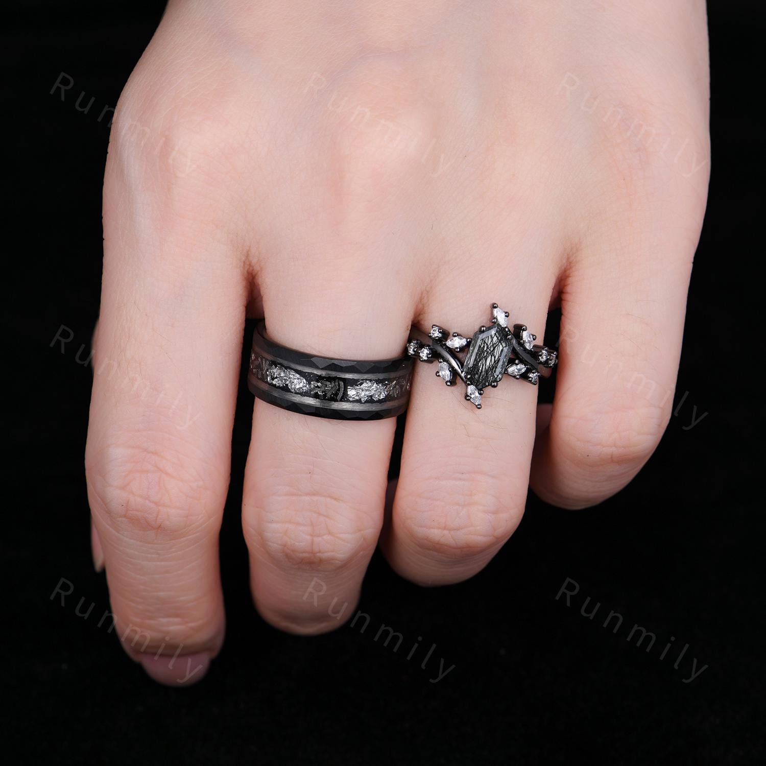 Gothic black rutilated quartz couples ring set vintage vine diamond cluster ring black gold His and Hers wedding band Mens engagement ring