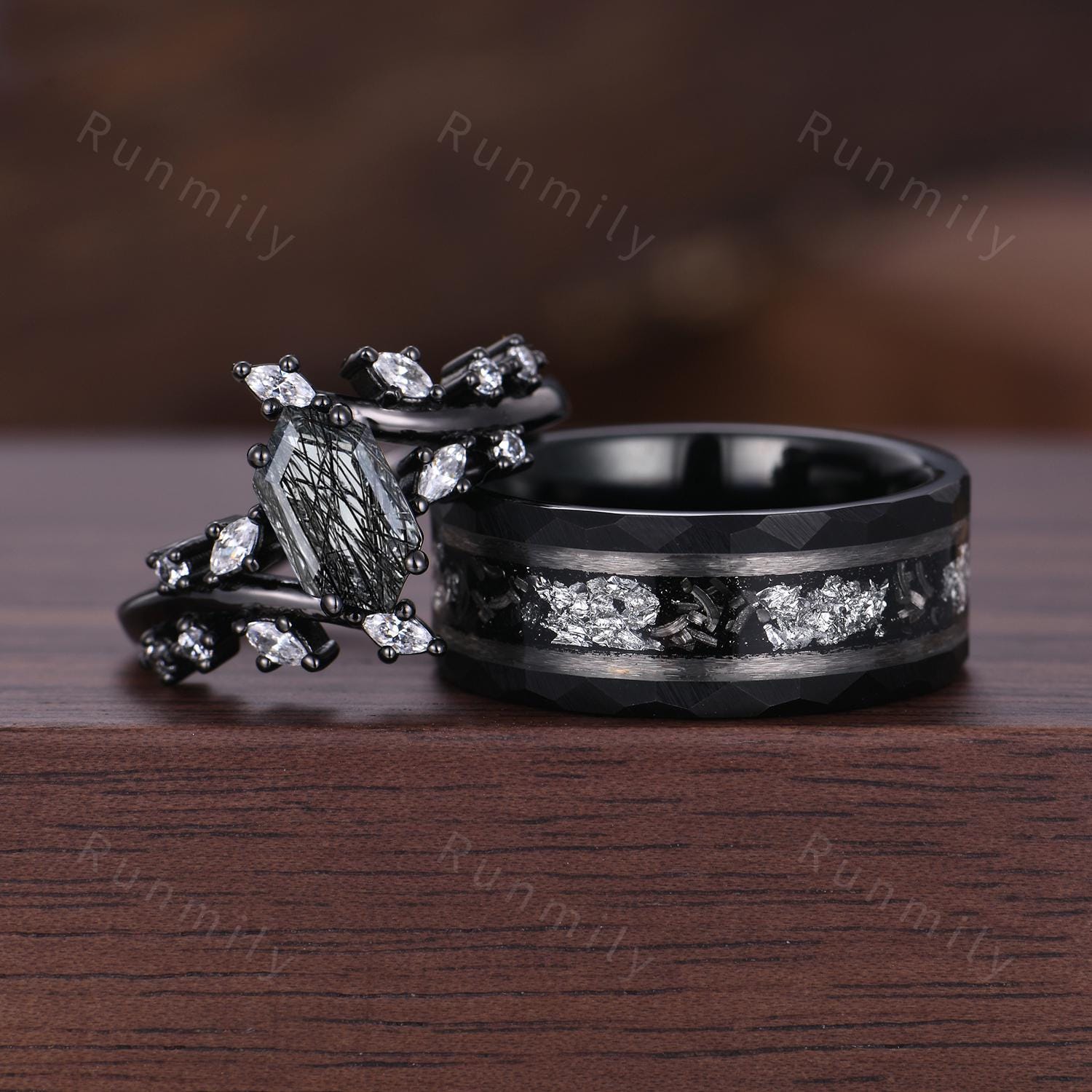 Gothic black rutilated quartz couples ring set vintage vine diamond cluster ring black gold His and Hers wedding band Mens engagement ring