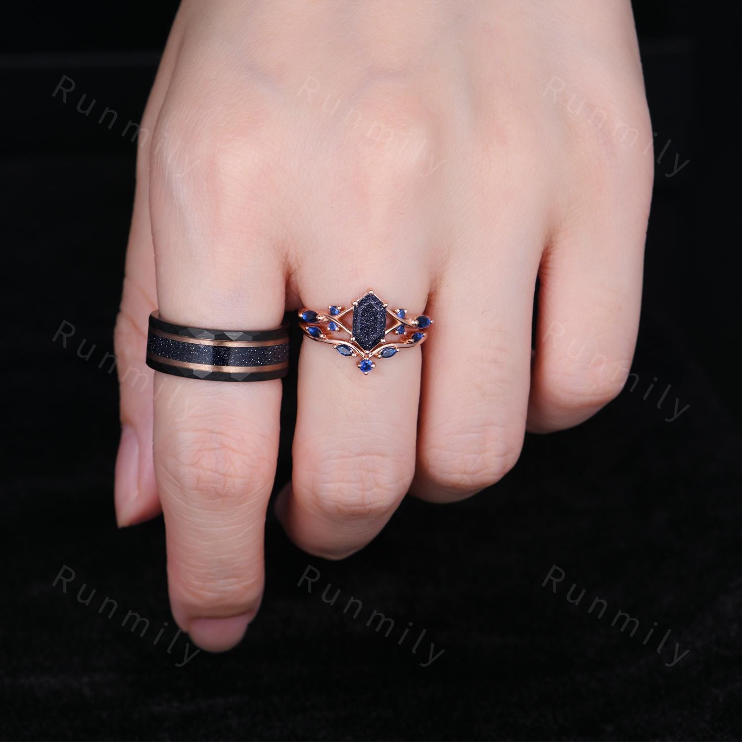 Blue Nebula Couples Ring Set Vintage Galaxy Sandstone His and Hers Ring Rose Gold Matching Promise Ring For Men and Women Blue Sapphire Ring