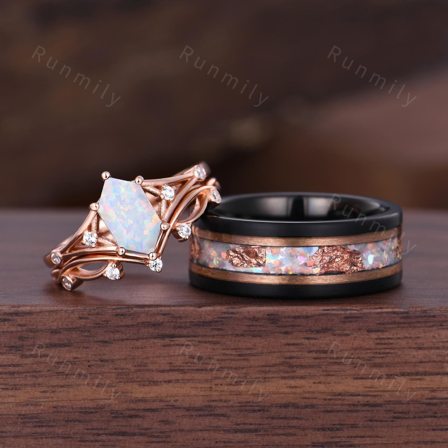 Unique Hexagon Opal Couples Ring Set Art Deco Stacking Ring Mens Opal Tungsten Band Rose Gold His And Her Wedding Band October Jewelry Gift