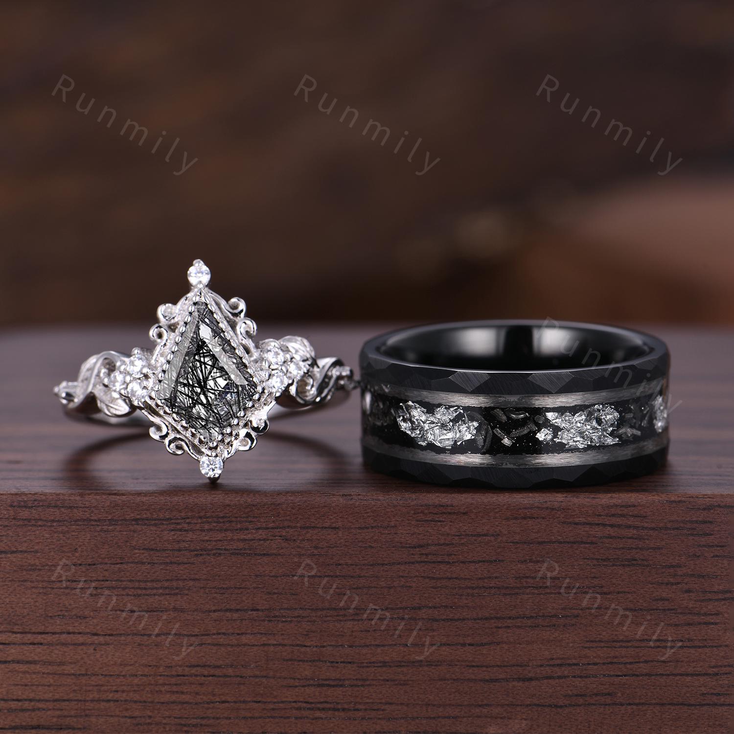 Antique Twig Black Rutilated Quartz Ring Sterling Silver Couples Matching Ring Set Unique His and Hers Wedding Band Vintage Rings For Couple