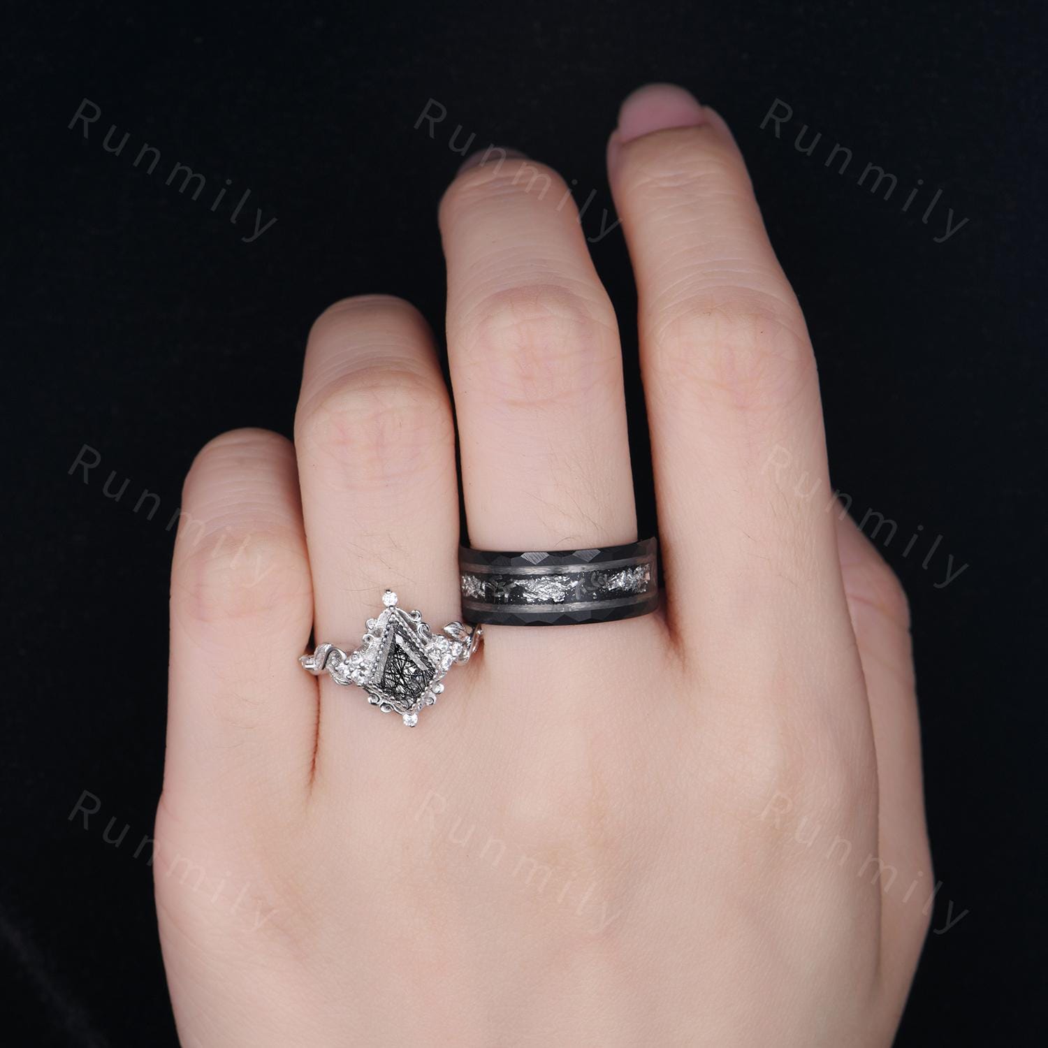 Antique Twig Black Rutilated Quartz Ring Sterling Silver Couples Matching Ring Set Unique His and Hers Wedding Band Vintage Rings For Couple