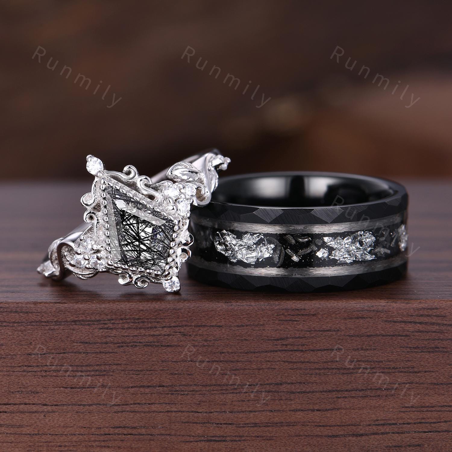 Antique Twig Black Rutilated Quartz Ring Sterling Silver Couples Matching Ring Set Unique His and Hers Wedding Band Vintage Rings For Couple