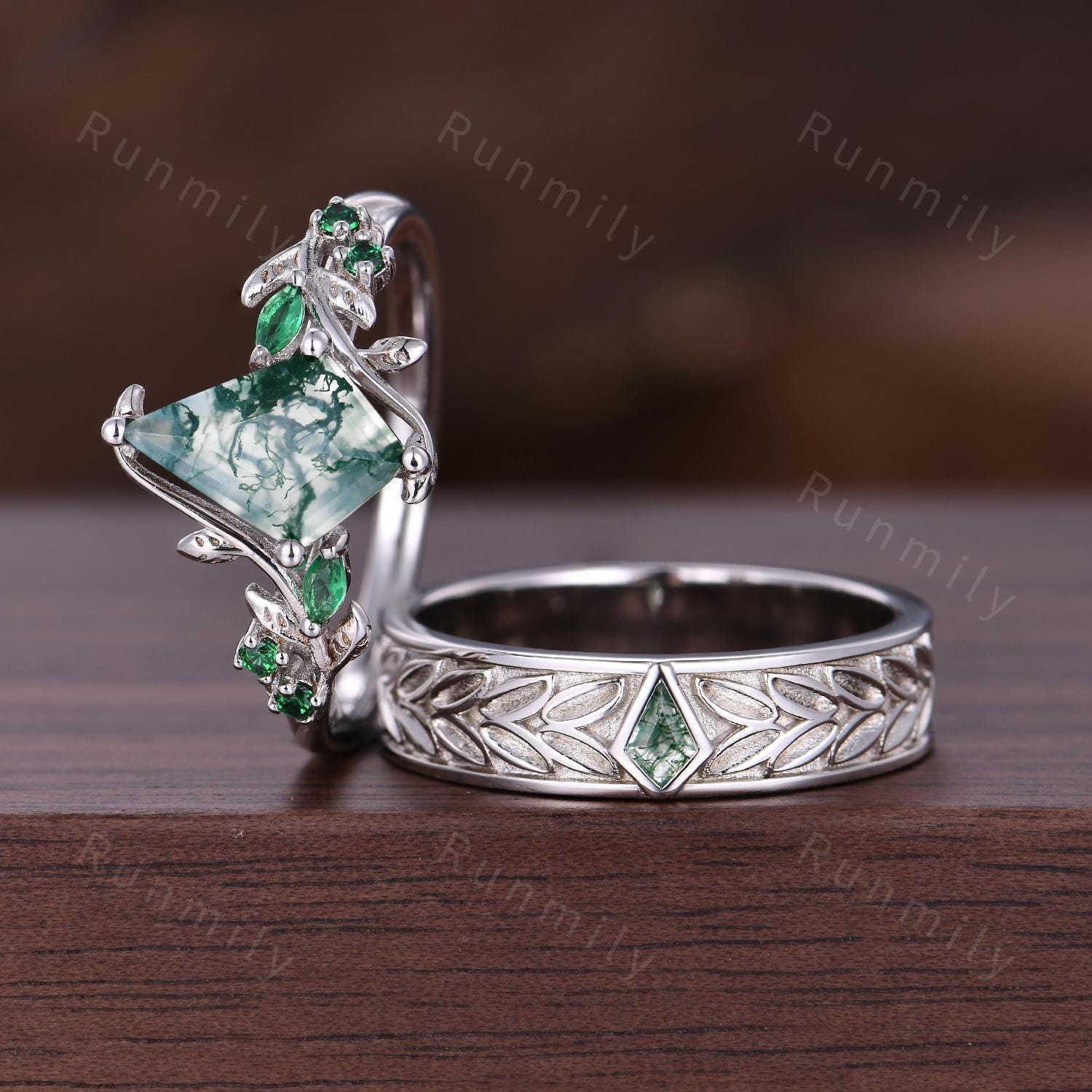 Kite Cut Couple Rings Set Inspired Leaf Moss Agate Engagement Rings For Women Antique Leaf Band For Men Unique Wedding Anniversary Ring Set