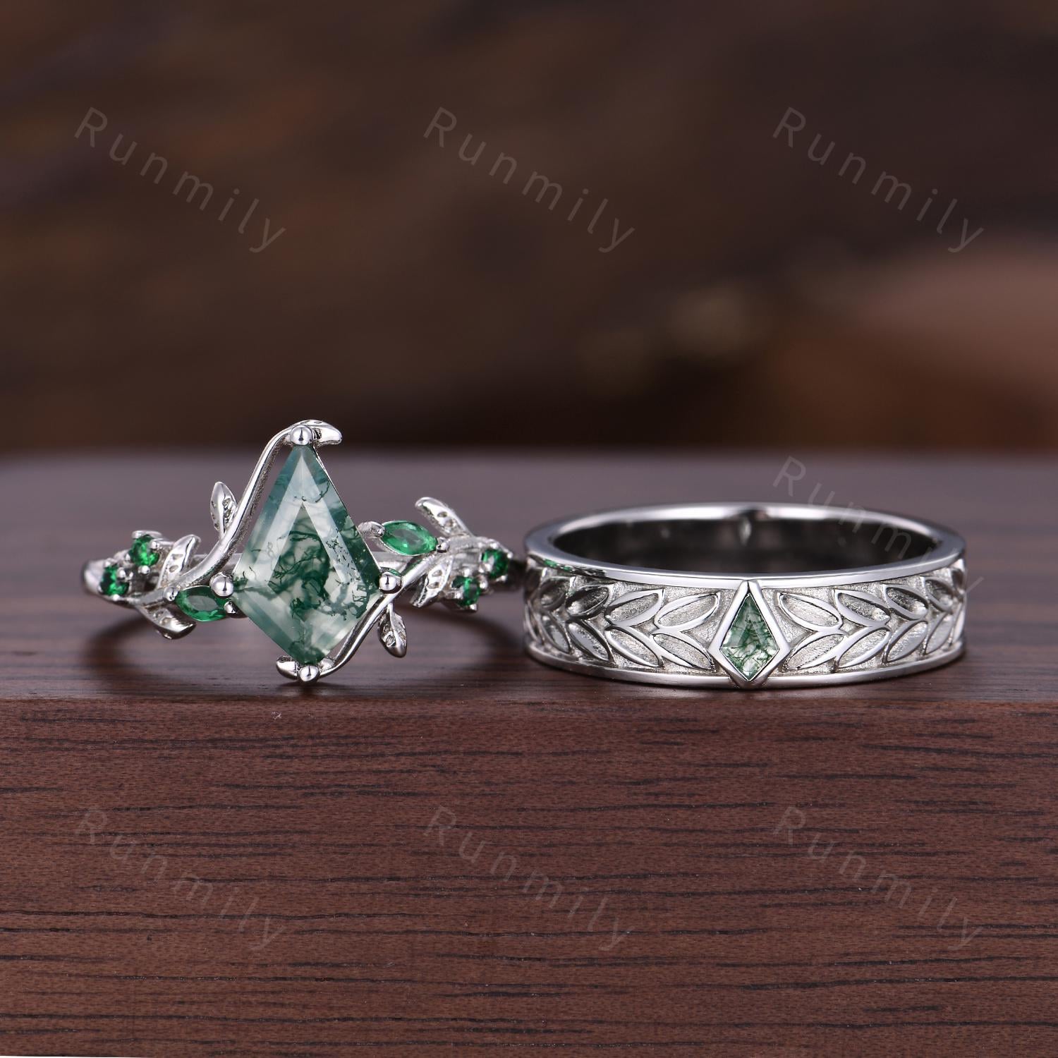 Kite Cut Couple Rings Set Inspired Leaf Moss Agate Engagement Rings For Women Antique Leaf Band For Men Unique Wedding Anniversary Ring Set