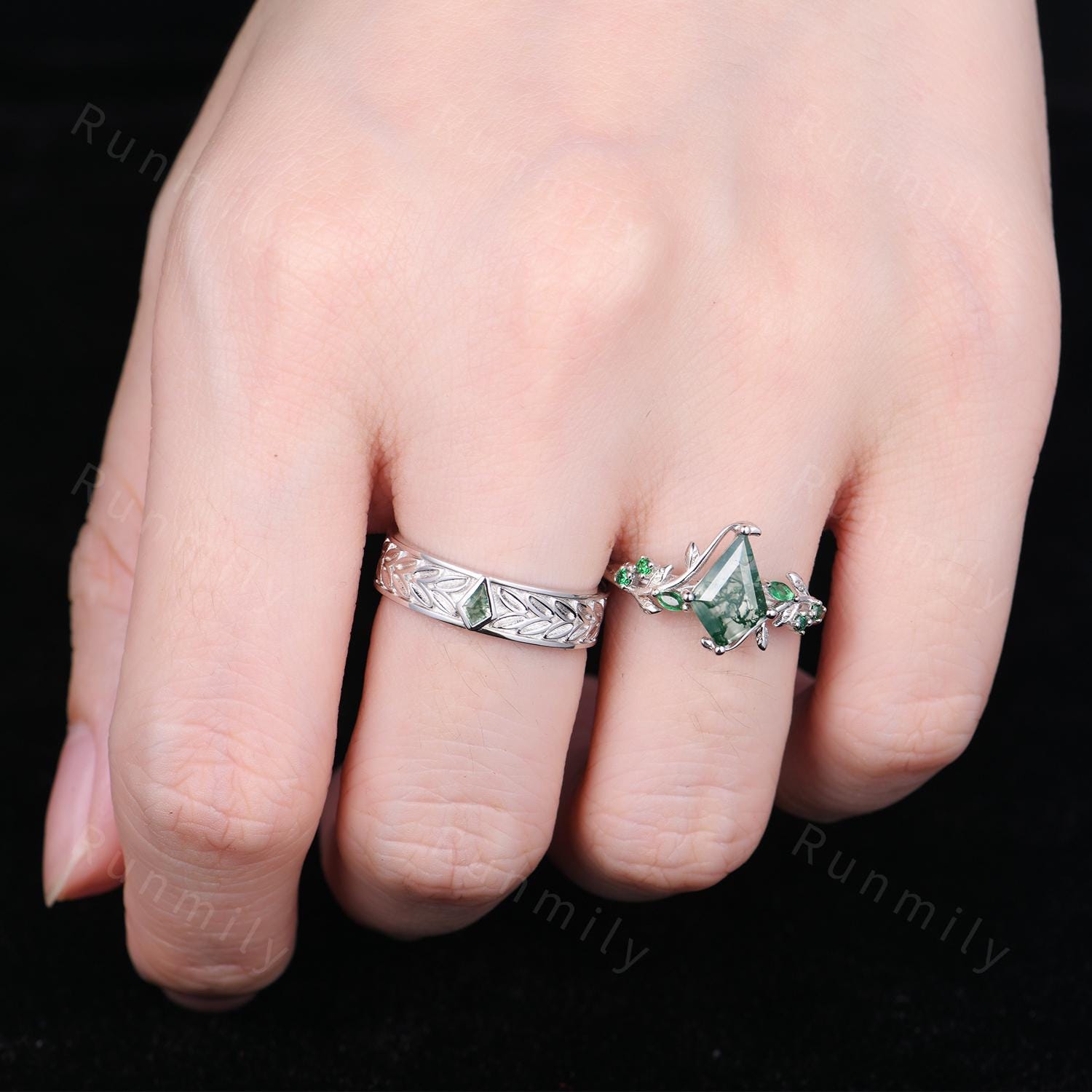 Kite Cut Couple Rings Set Inspired Leaf Moss Agate Engagement Rings For Women Antique Leaf Band For Men Unique Wedding Anniversary Ring Set