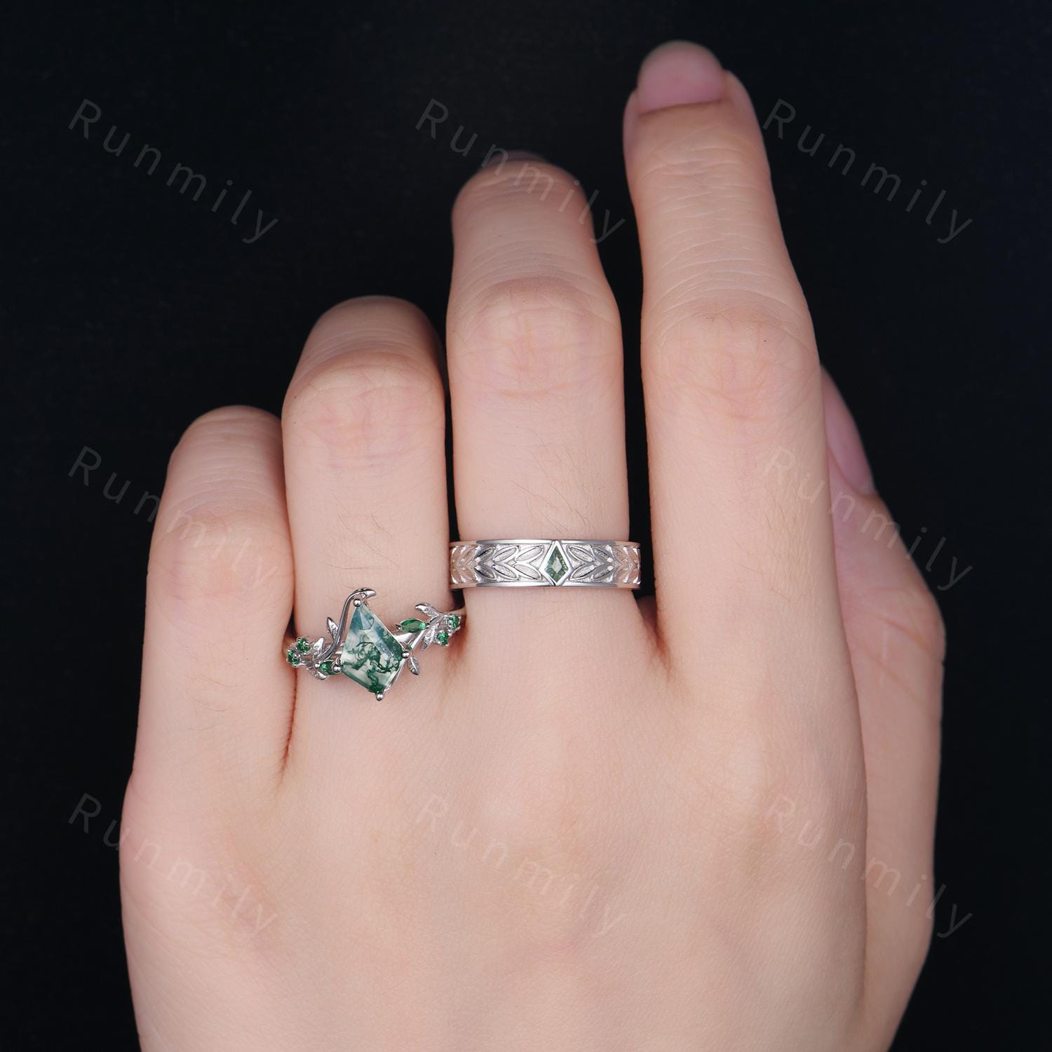 Kite Cut Couple Rings Set Inspired Leaf Moss Agate Engagement Rings For Women Antique Leaf Band For Men Unique Wedding Anniversary Ring Set