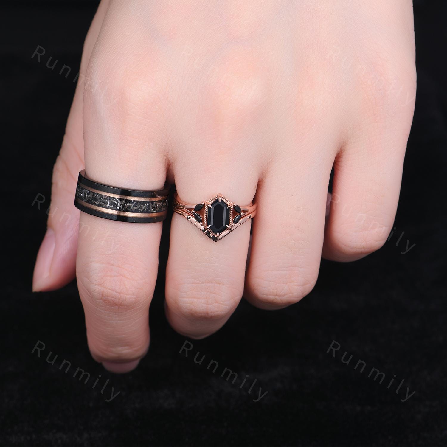 Art Deco Black Onyx Ring Set For Couples Rose Gold His and Hers Promise Ring Mens Meteorite Tungsten Band Black Gem Bridal Wedding Ring Set
