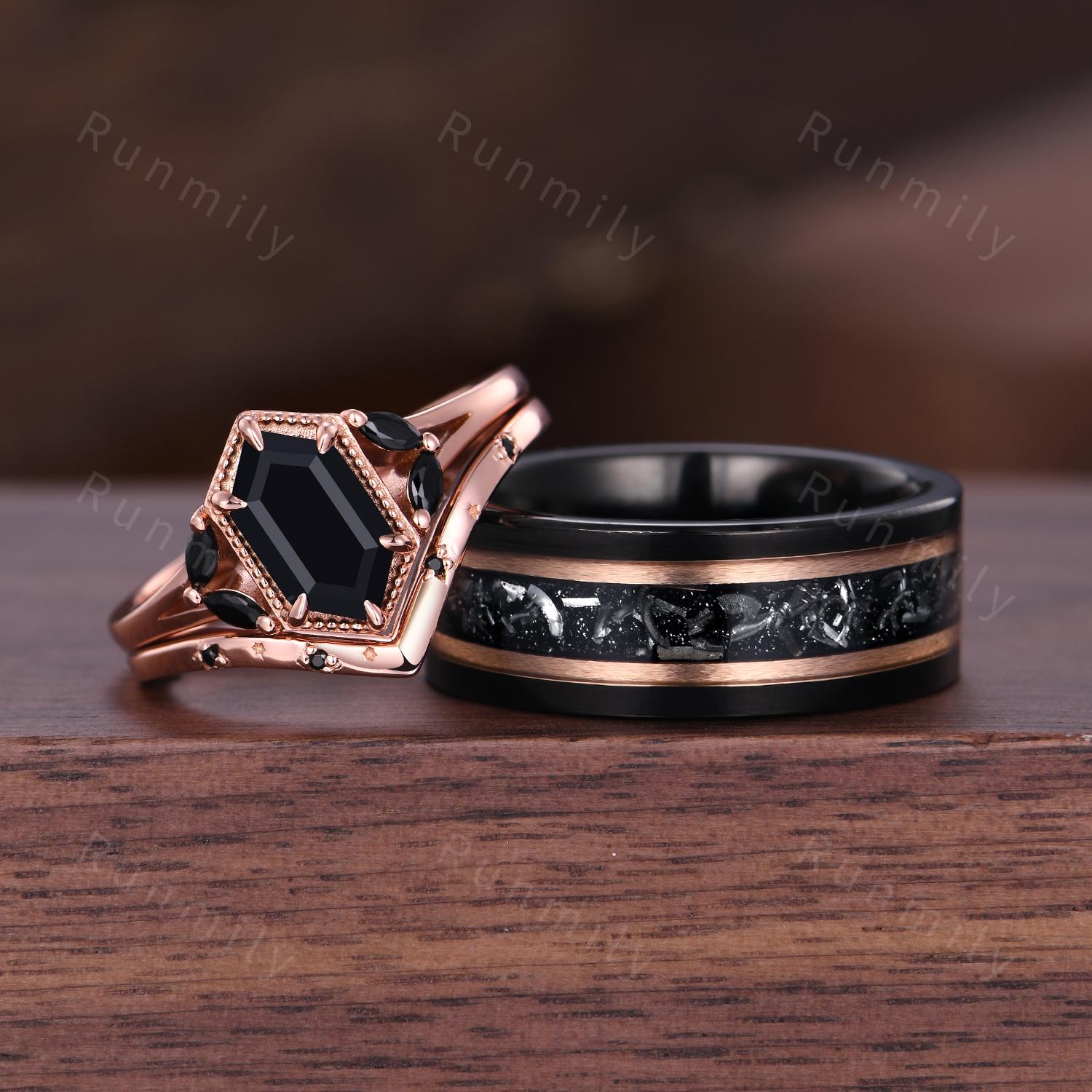Art Deco Black Onyx Ring Set For Couples Rose Gold His and Hers Promise Ring Mens Meteorite Tungsten Band Black Gem Bridal Wedding Ring Set