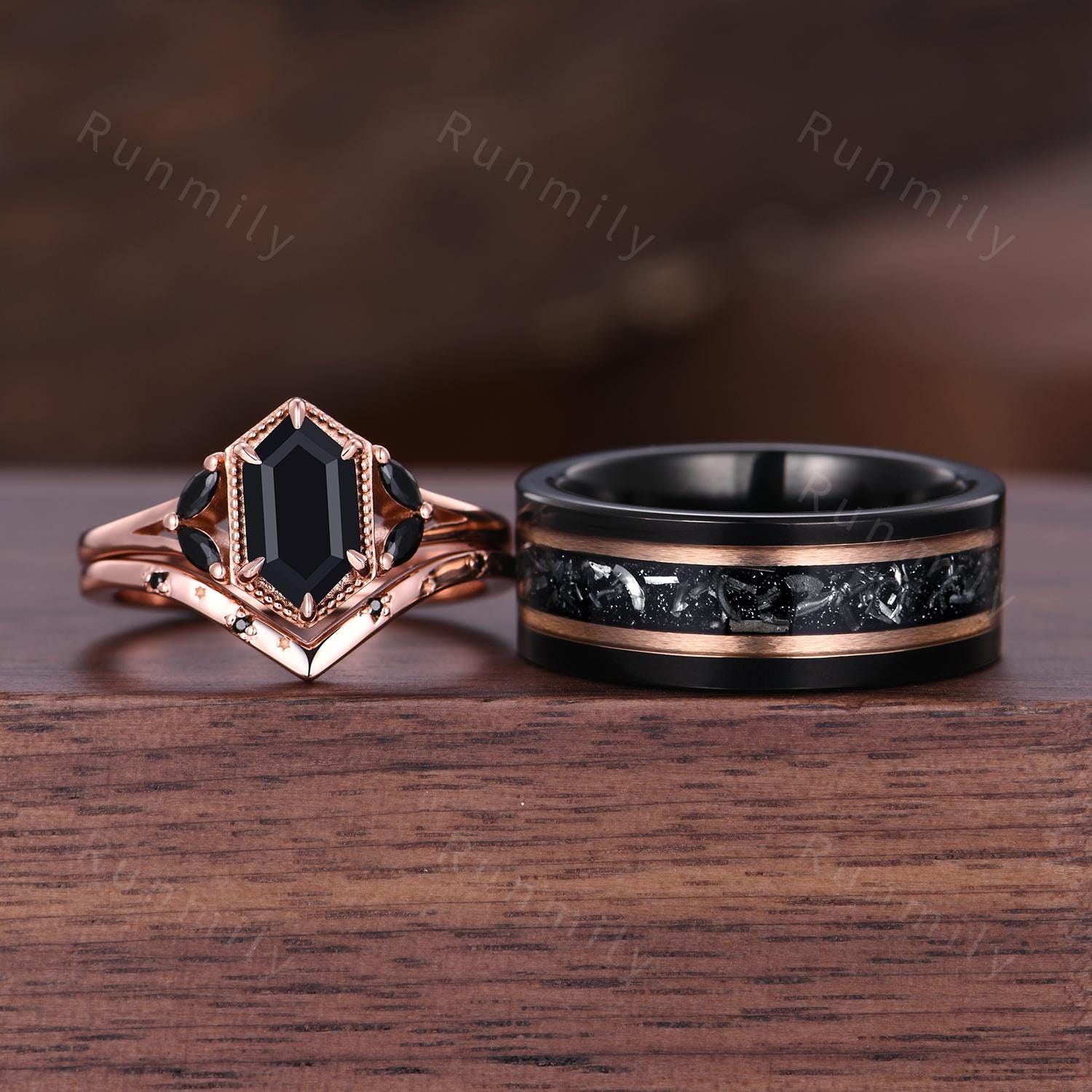 Art Deco Black Onyx Ring Set For Couples Rose Gold His and Hers Promise Ring Mens Meteorite Tungsten Band Black Gem Bridal Wedding Ring Set