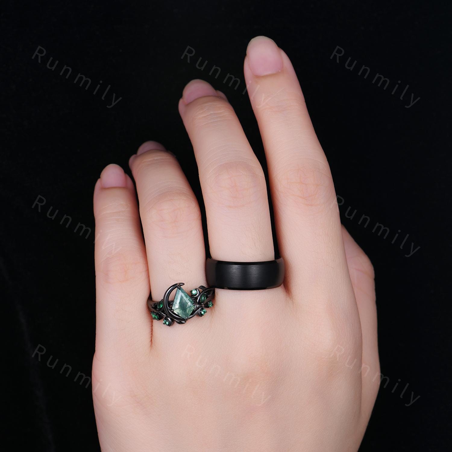 Nature inspired Moss Agate couples ring set gothic black gold His and Hers wedding band unique moon style emerald ring Mens Tungsten ring