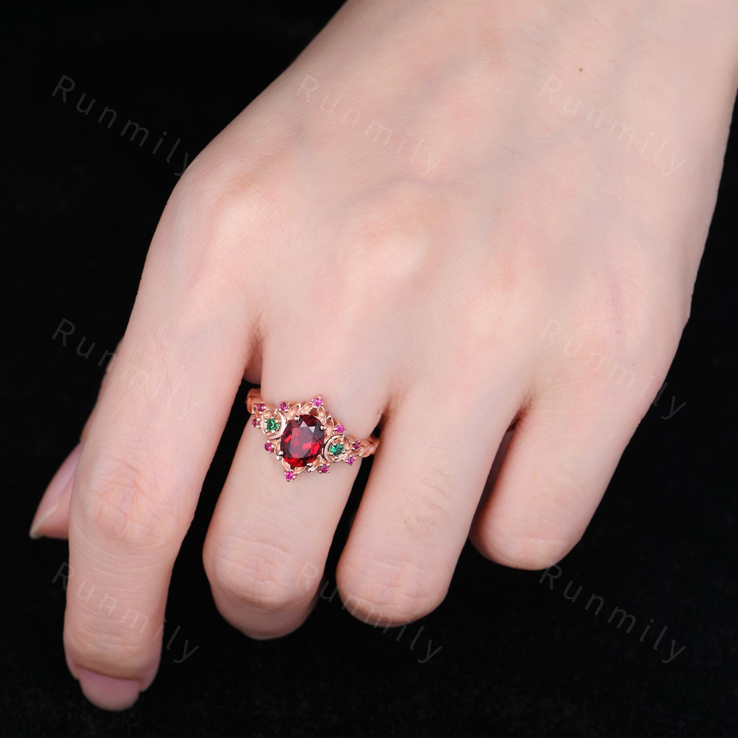 Antique oval Ruby engagement ring branch leaf moon emerald ring women unique July birthstone wedding ring Nature inspired ring