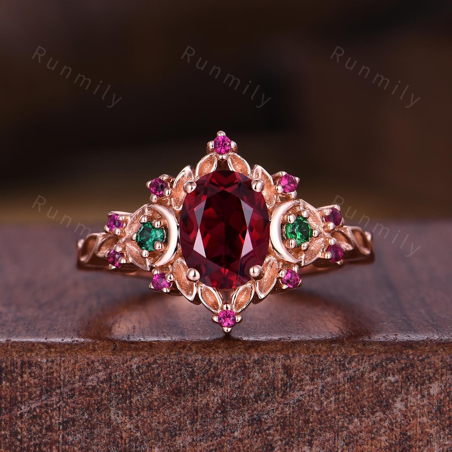 Antique oval Ruby engagement ring branch leaf moon emerald ring women unique July birthstone wedding ring Nature inspired ring