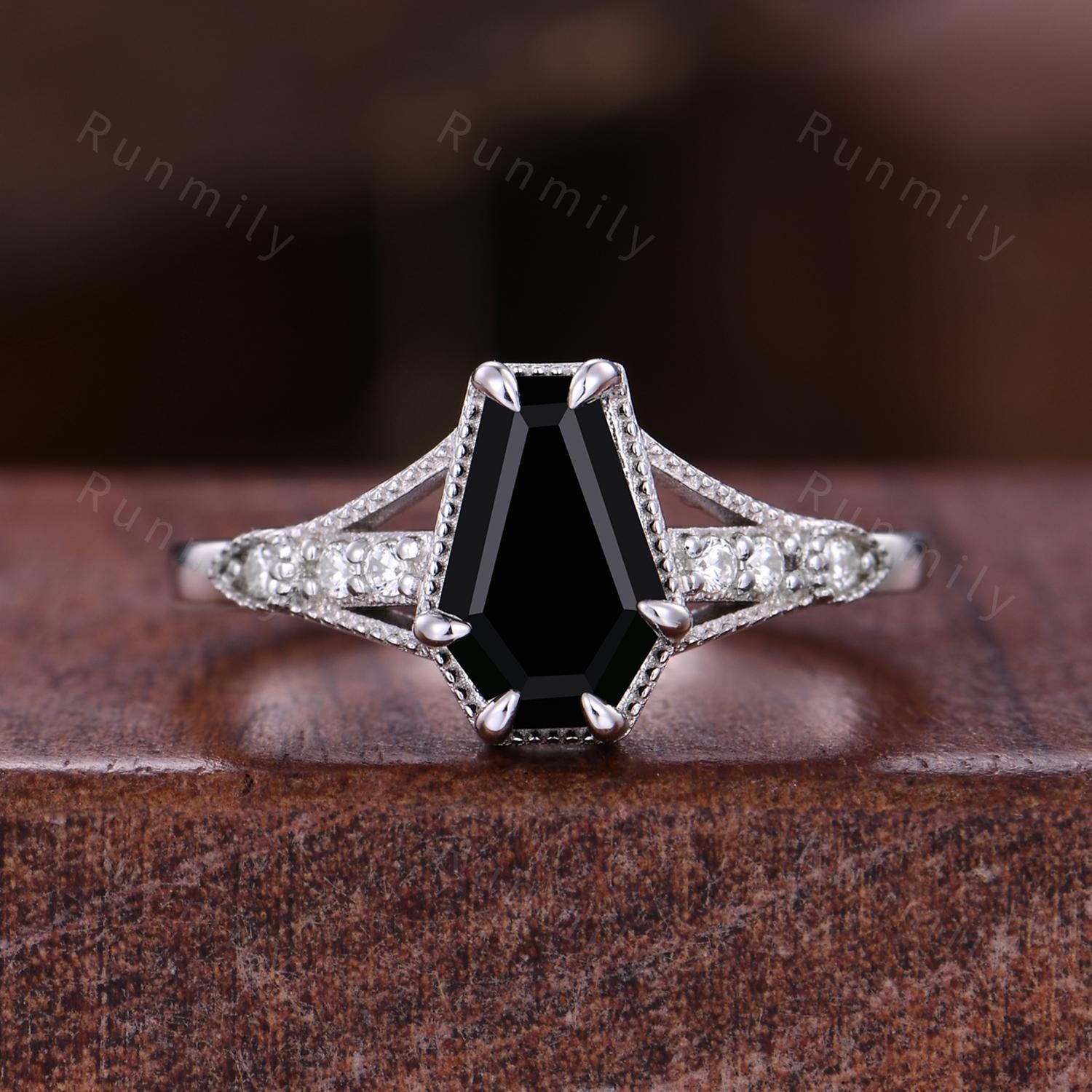 Coffin cut black onyx engagement ring sterling silver ring art deco curved stacking band vintage bridal ring unique moissanite wedding set