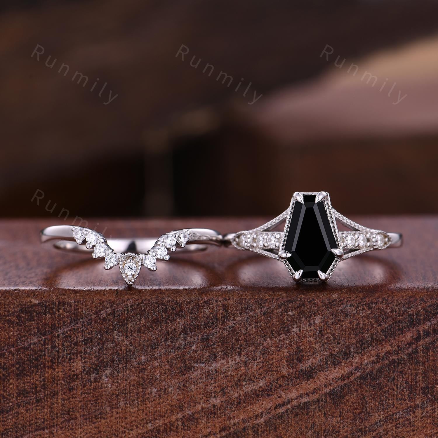 Coffin cut black onyx engagement ring sterling silver ring art deco curved stacking band vintage bridal ring unique moissanite wedding set