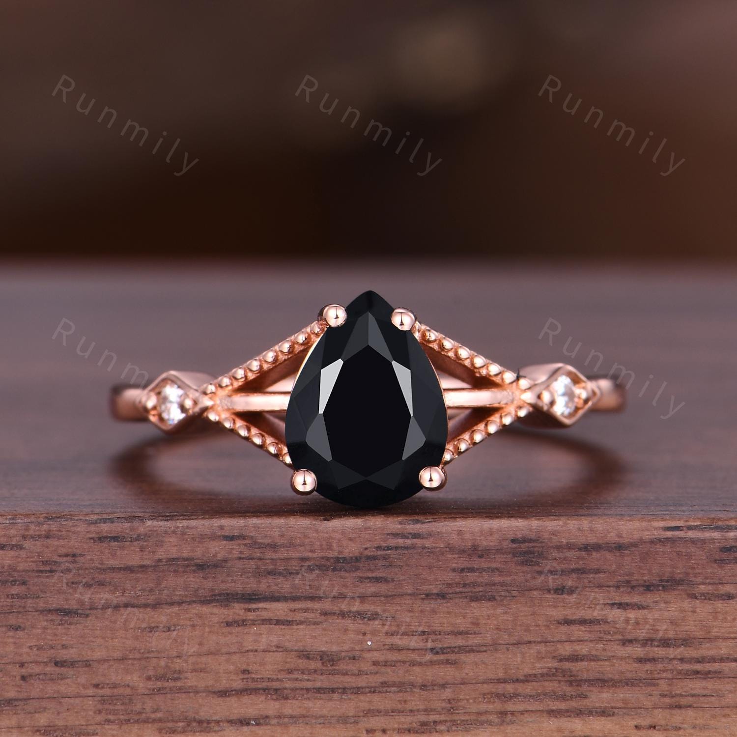 Pear Cut Black Onyx Engagement Ring Set Unique Rose Gold Engagement Ring Woman Antique Black Spinel Wedding Ring Promise Anniversary Ring