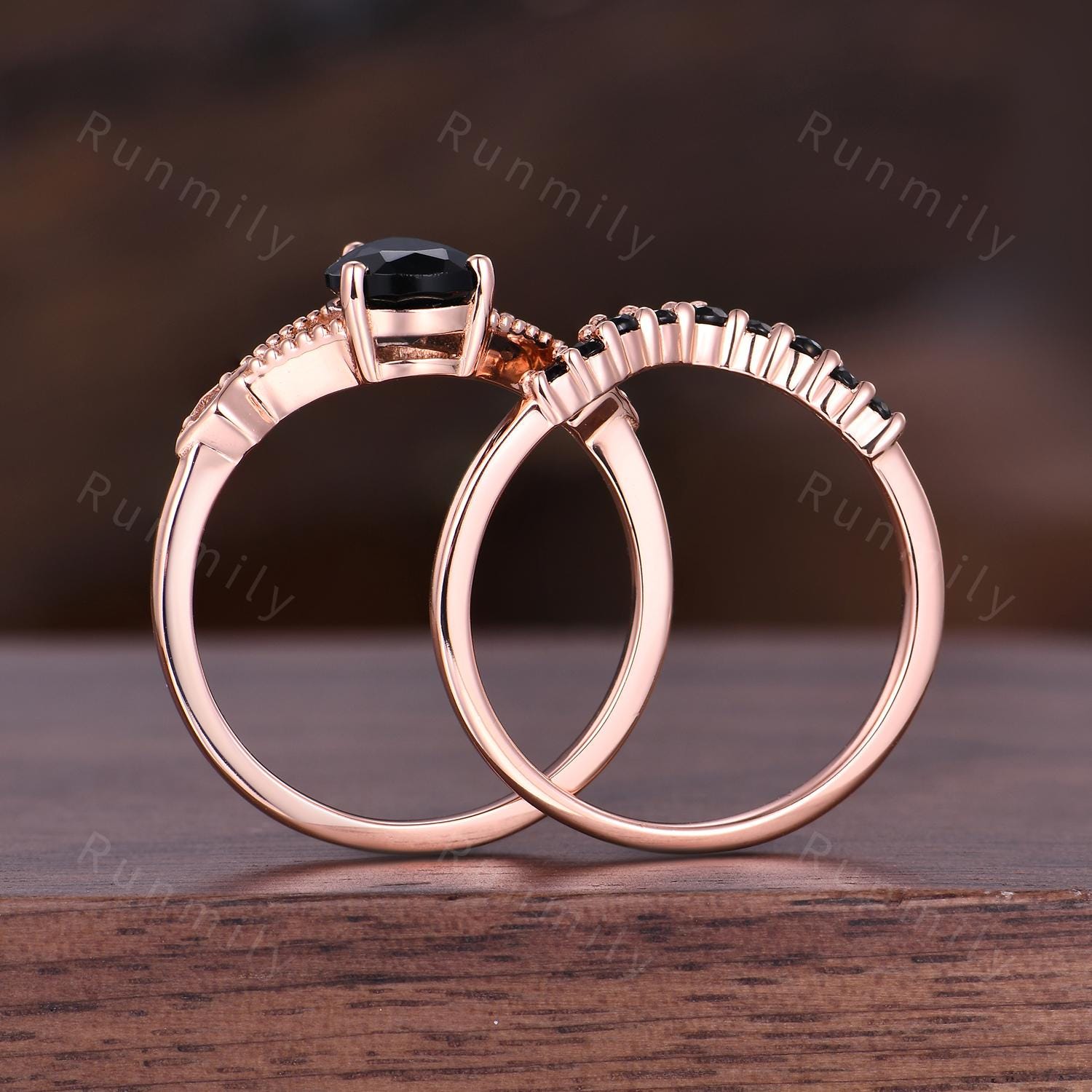 Pear Cut Black Onyx Engagement Ring Set Unique Rose Gold Engagement Ring Woman Antique Black Spinel Wedding Ring Promise Anniversary Ring