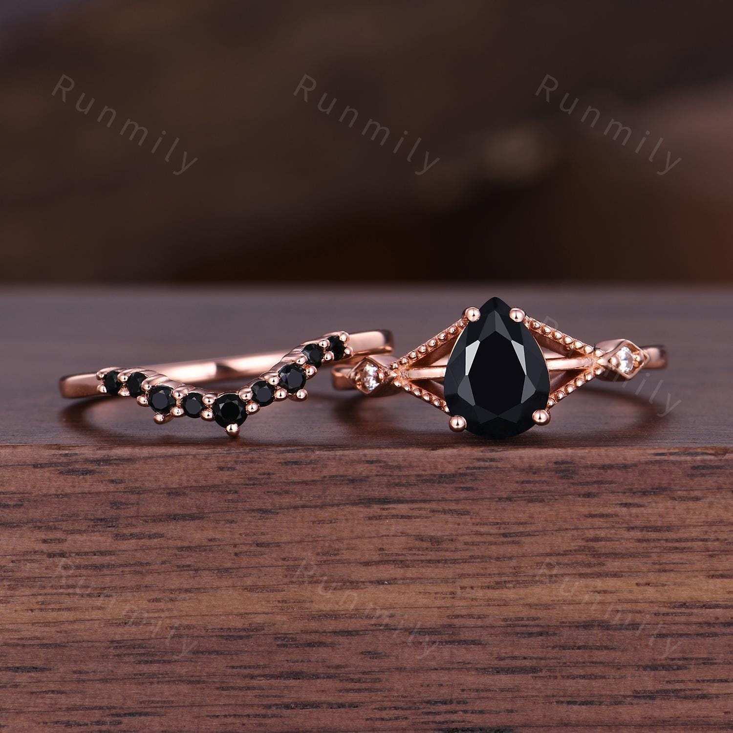 Pear Cut Black Onyx Engagement Ring Set Unique Rose Gold Engagement Ring Woman Antique Black Spinel Wedding Ring Promise Anniversary Ring