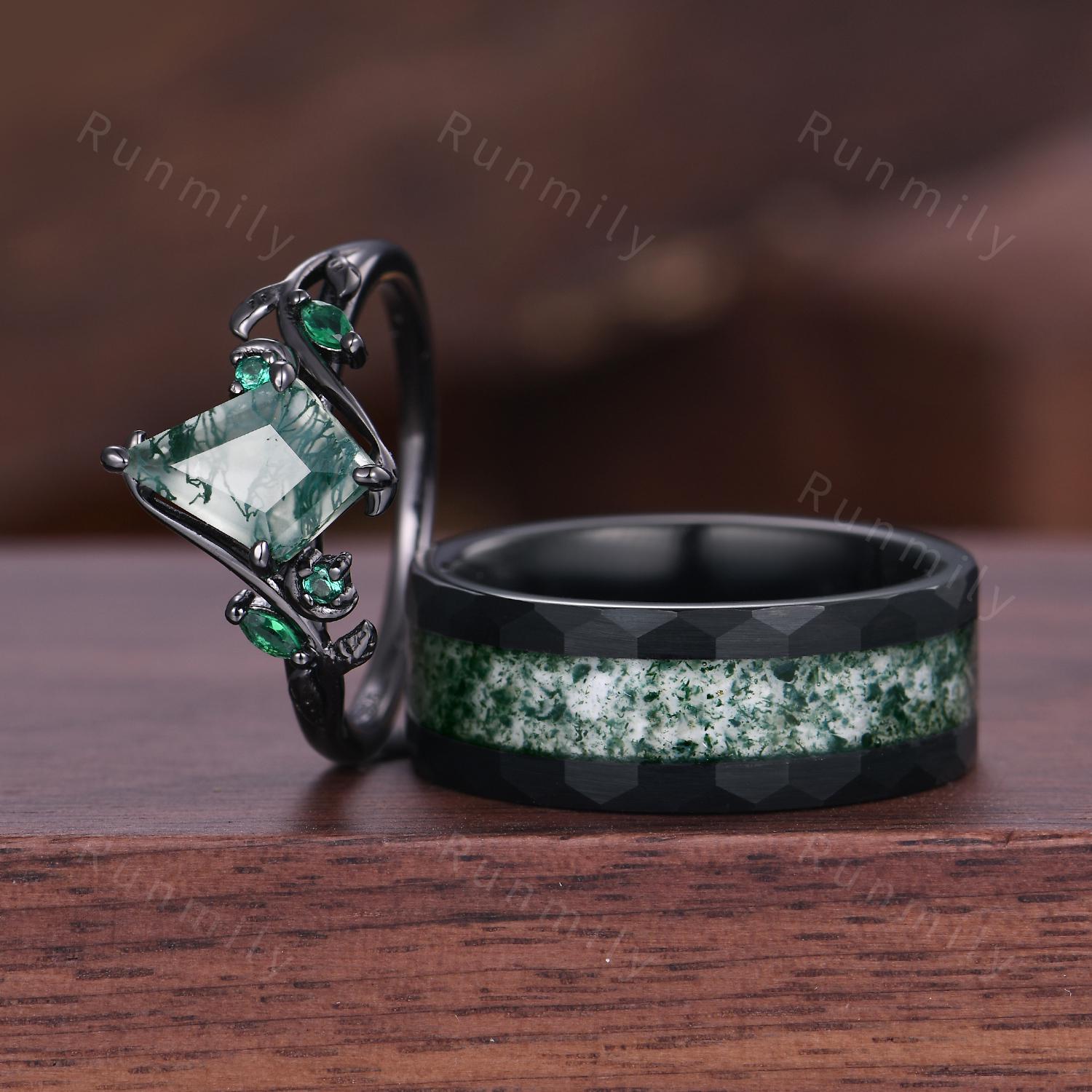 Natural Moss Agate Couples Ring, His and Hers Moss Agate Ring Set, Matching Nature Inspired Promise Rings, Alternative Engagement Ring